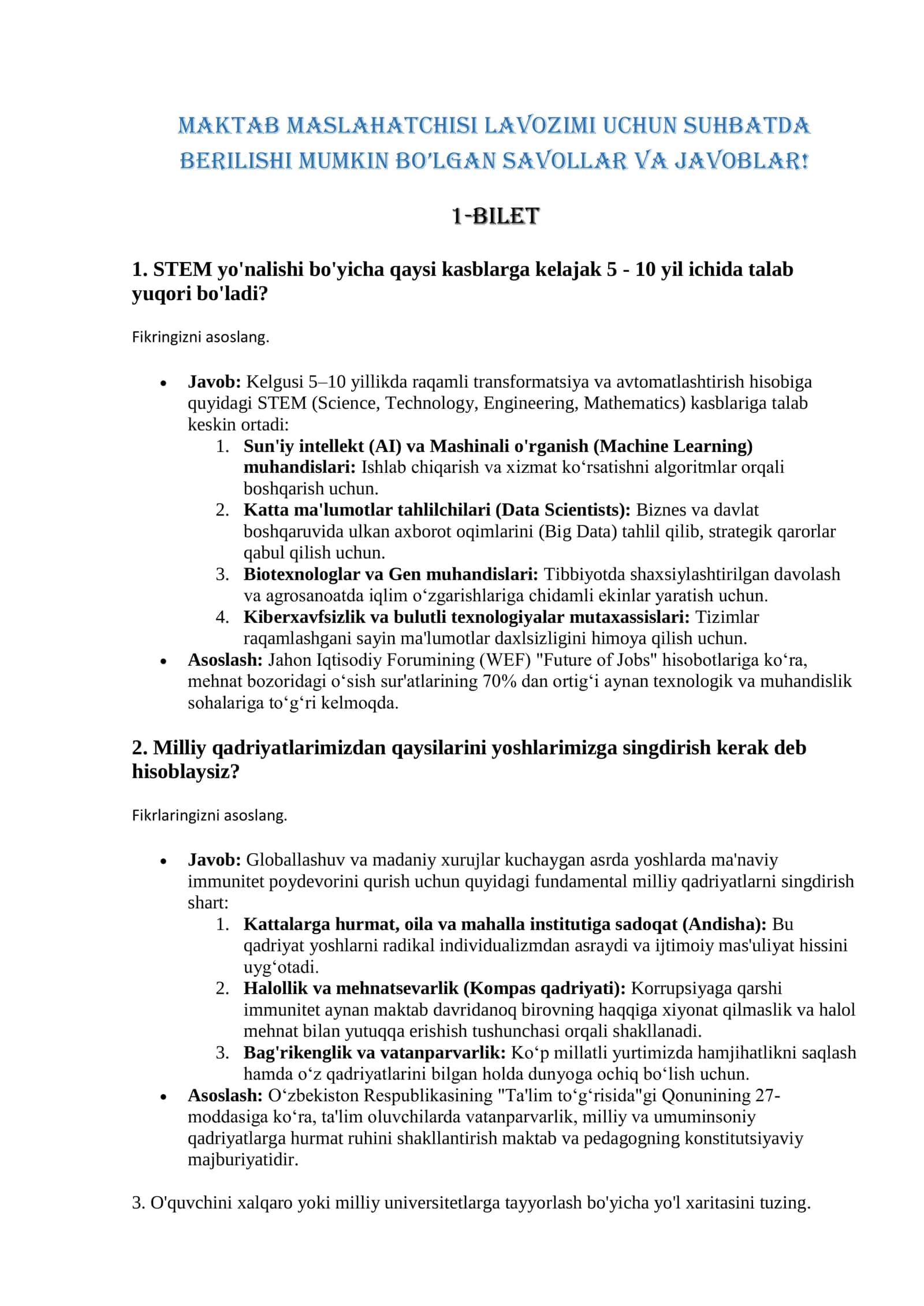 Maktab maslahatchisi lavozimi uchun suhbat savollari 1