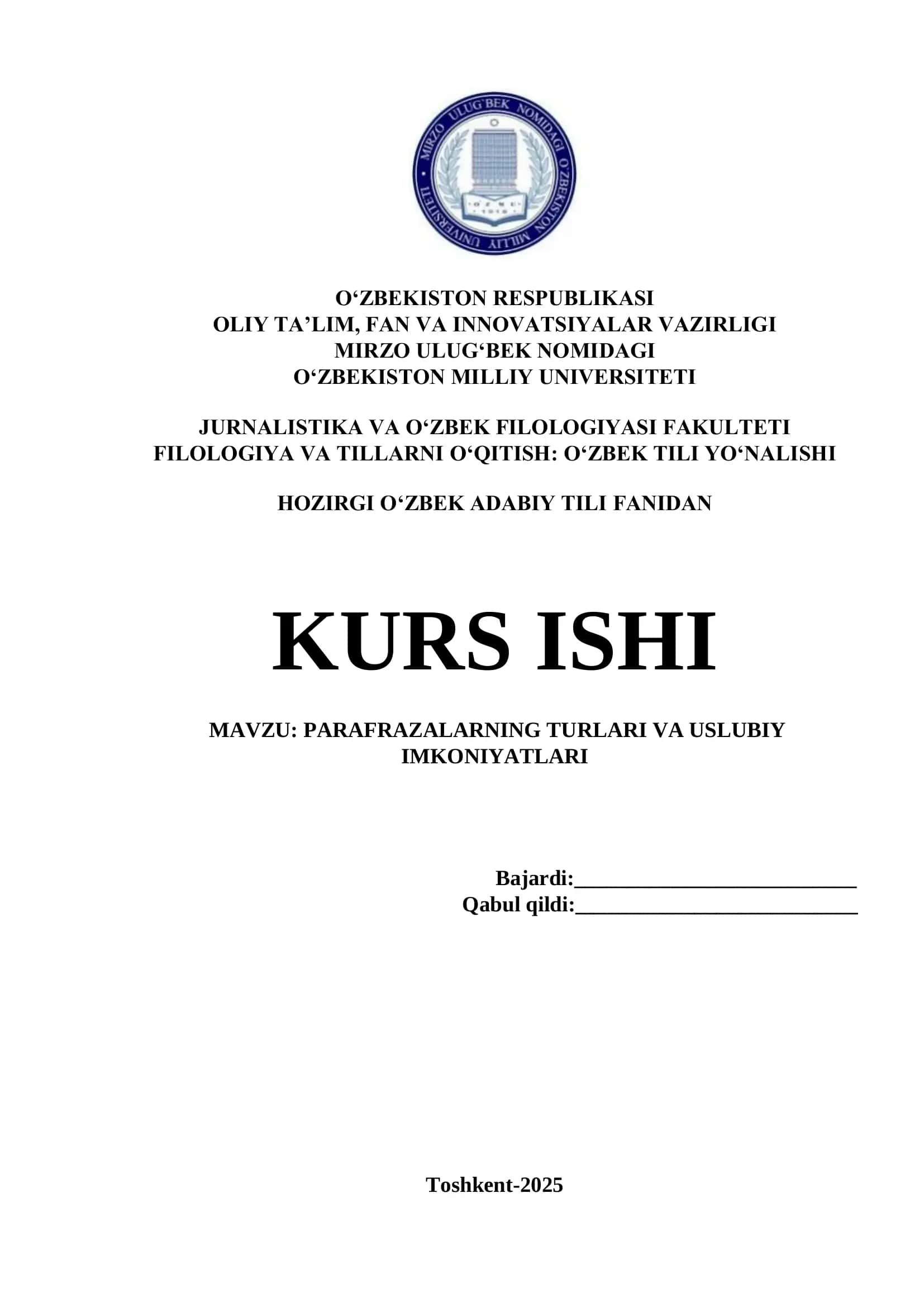 PARAFRAZALARNING TURLARI VA USLUBIY IMKONIYATLARI 1