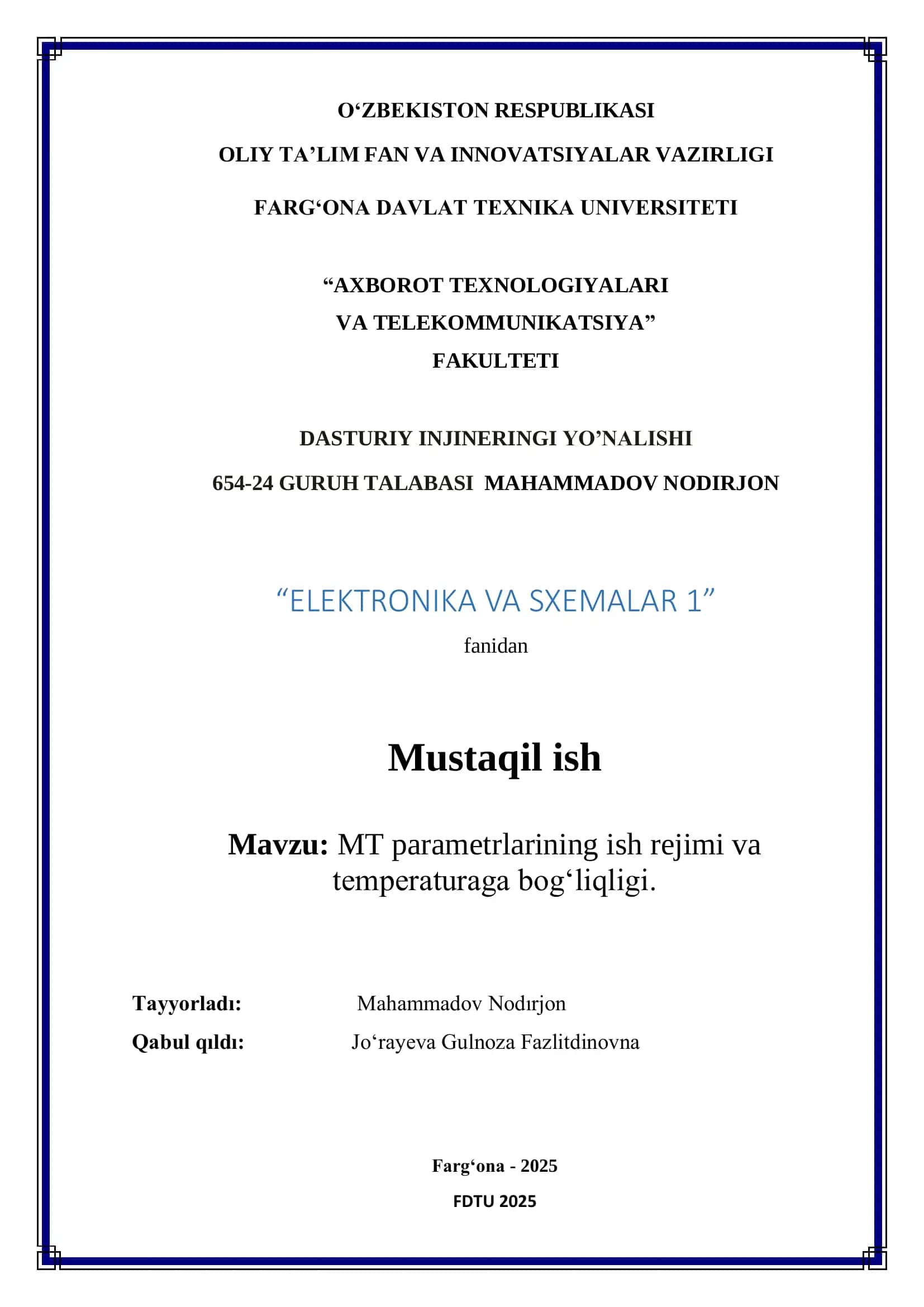 refarat elektronika fanidan Maydon transistoring parametrlarining ish rejimi va temperaturaga bog‘liqligi. 1