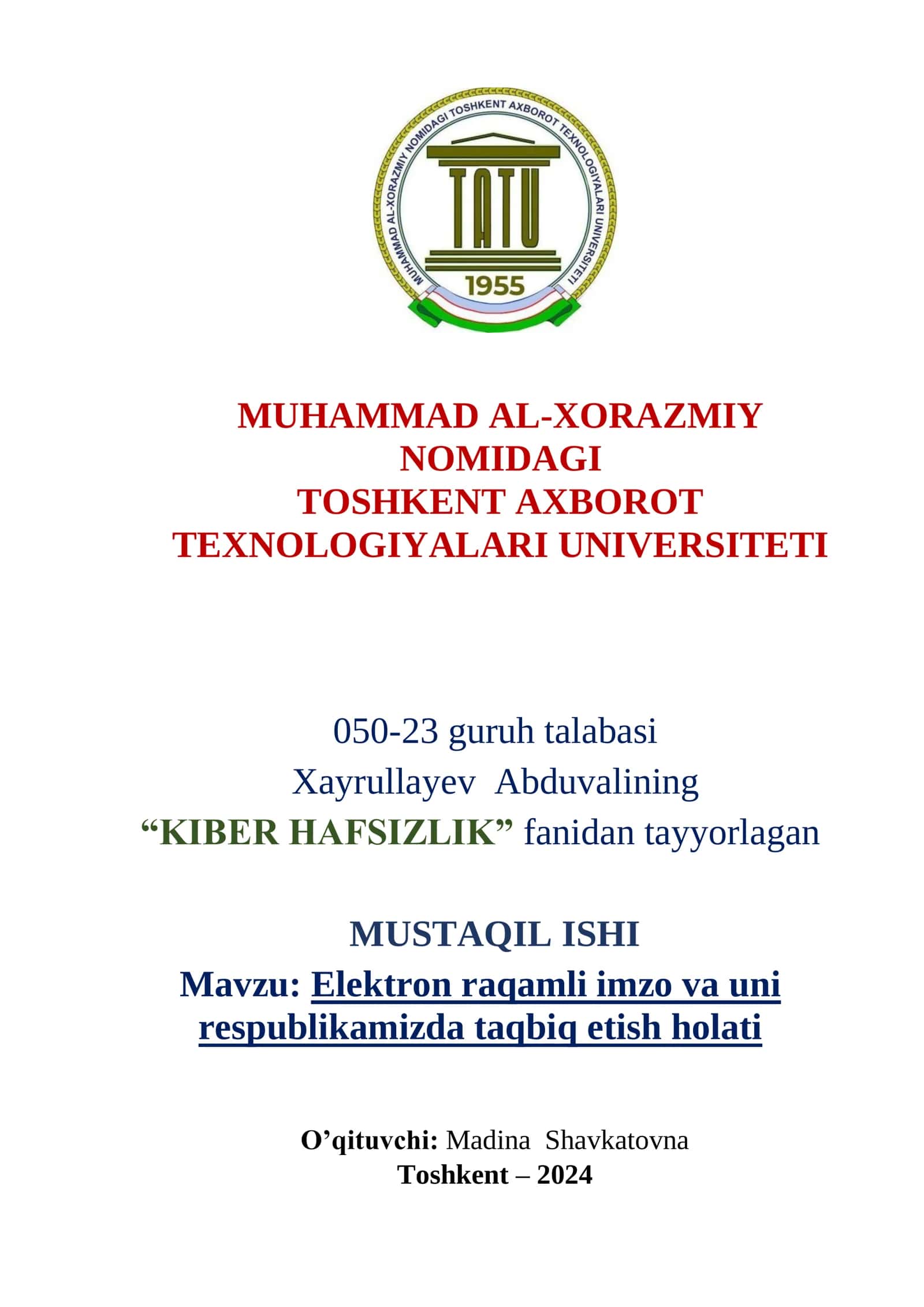 Elektron raqamli imzo va uni respublikamizda taqbiq etish holati 1