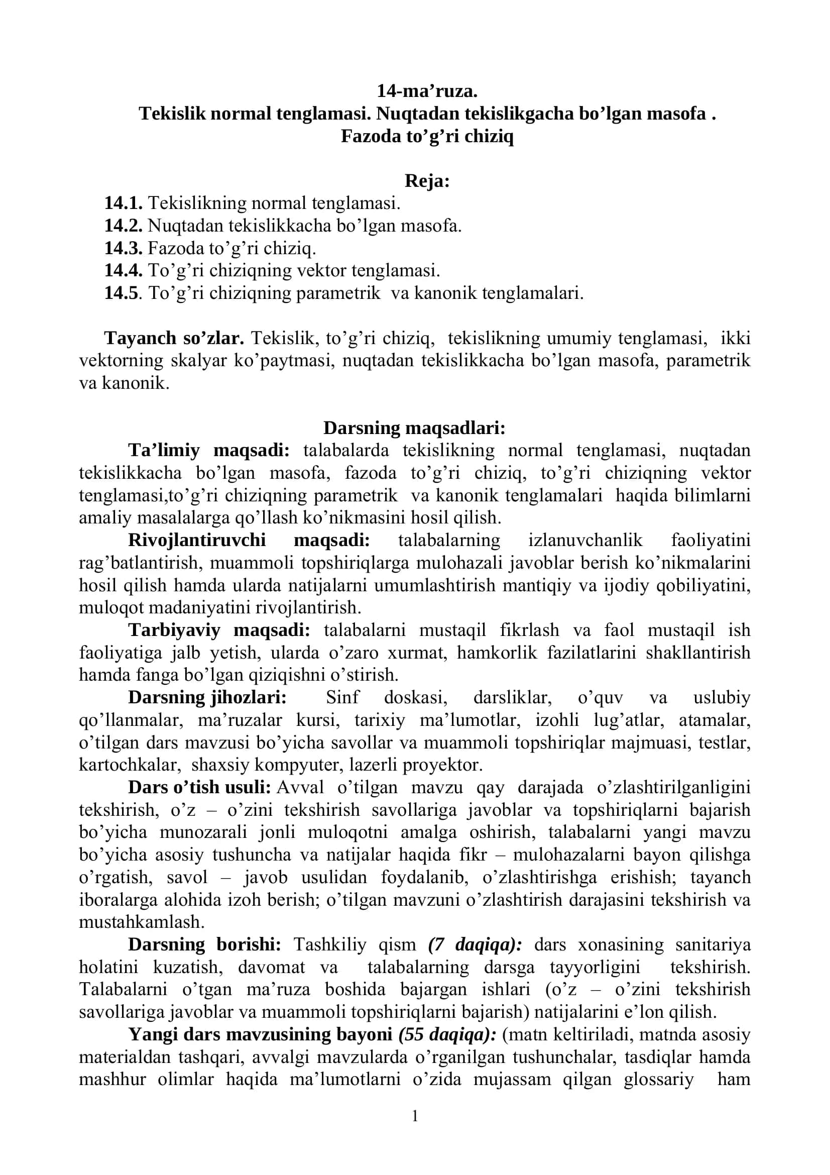 Oliy matematika: tekislik normal tenglamasi va fazoda to‘g‘ri chiziq (PDF) 1