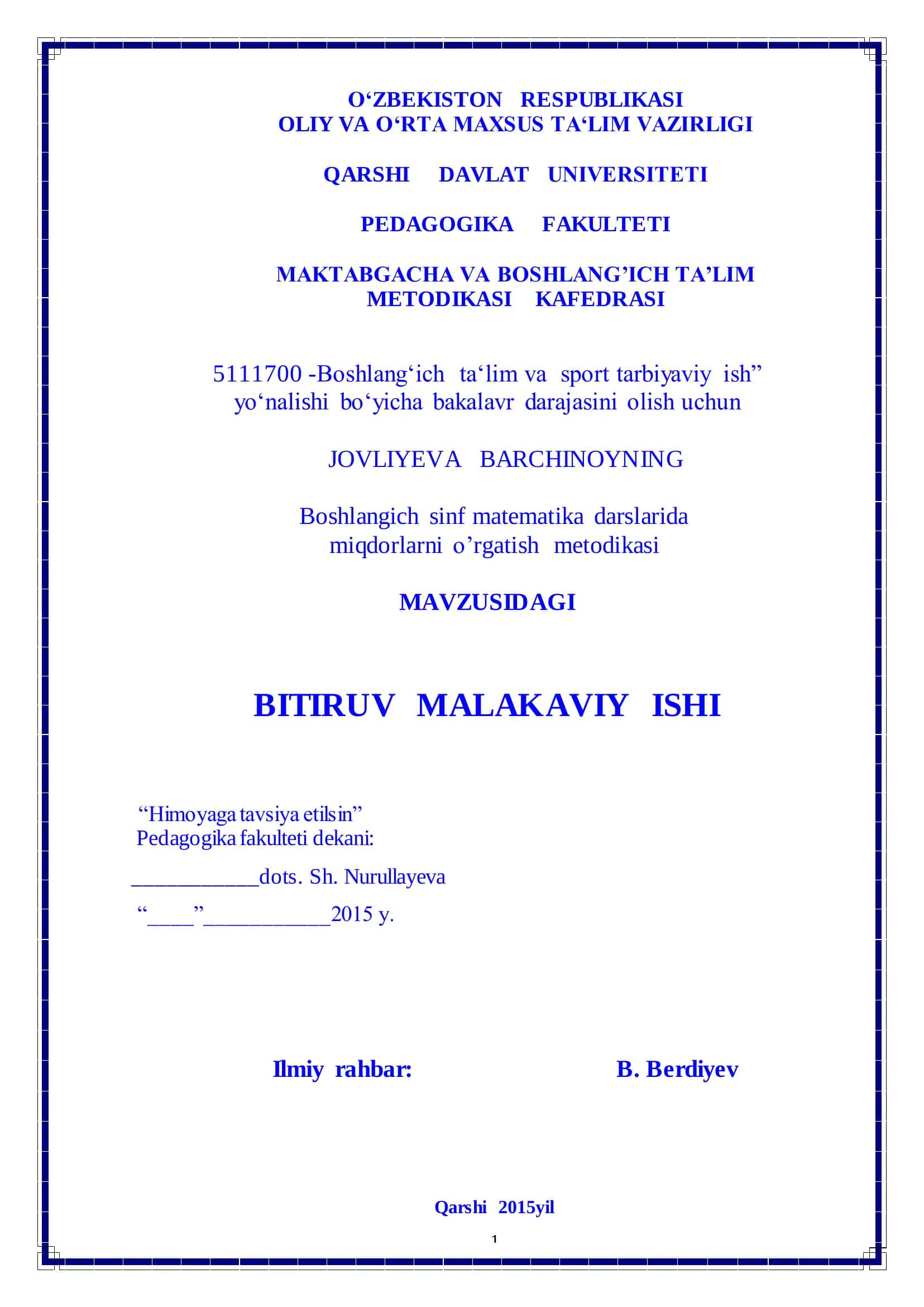 Boshlangich sinf matematika darslarida miqdorlarni o’rgatish metodikasi 1