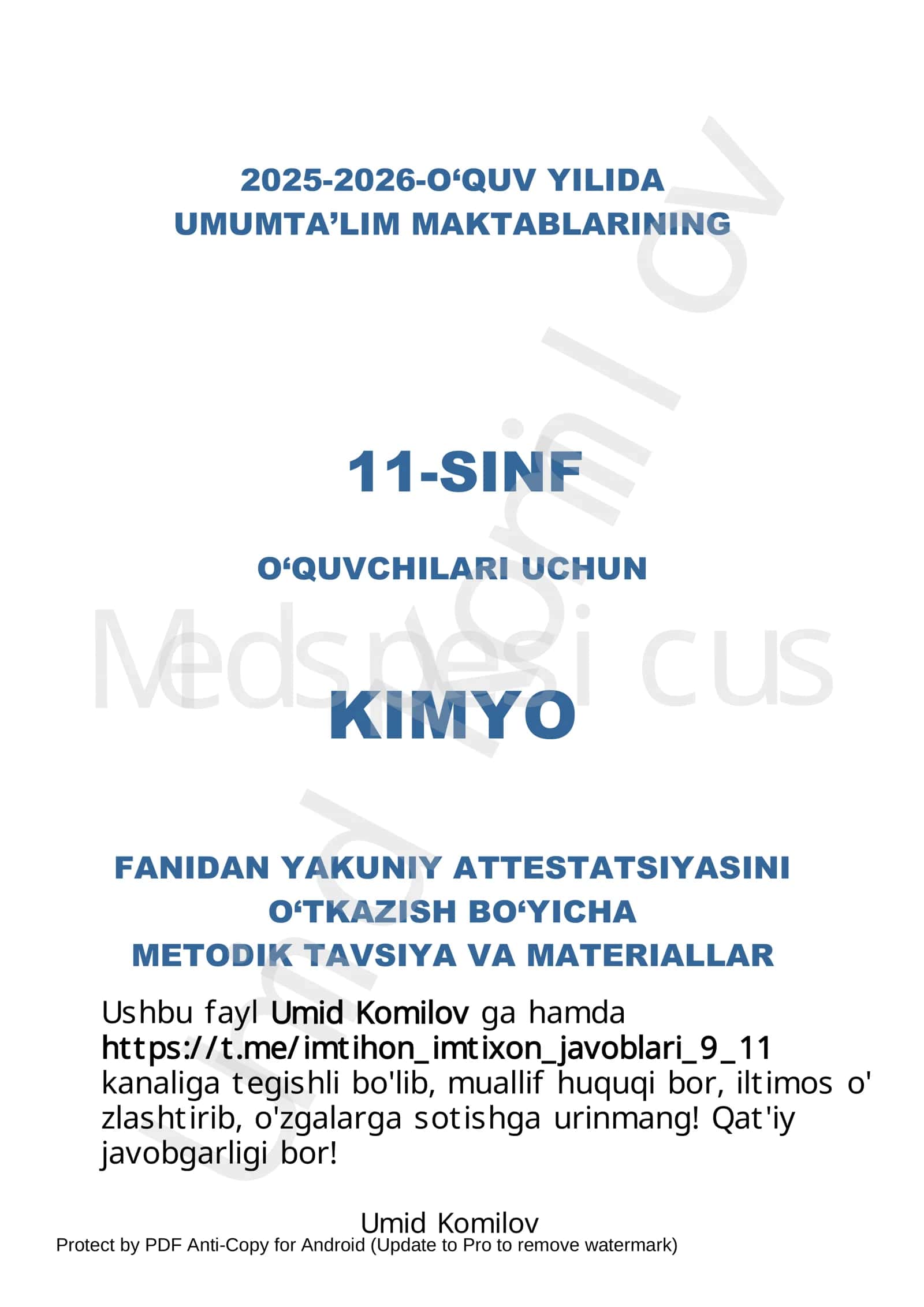 11-sinf imtihon javoblari KIMYO javoblari 2026 komilov 1