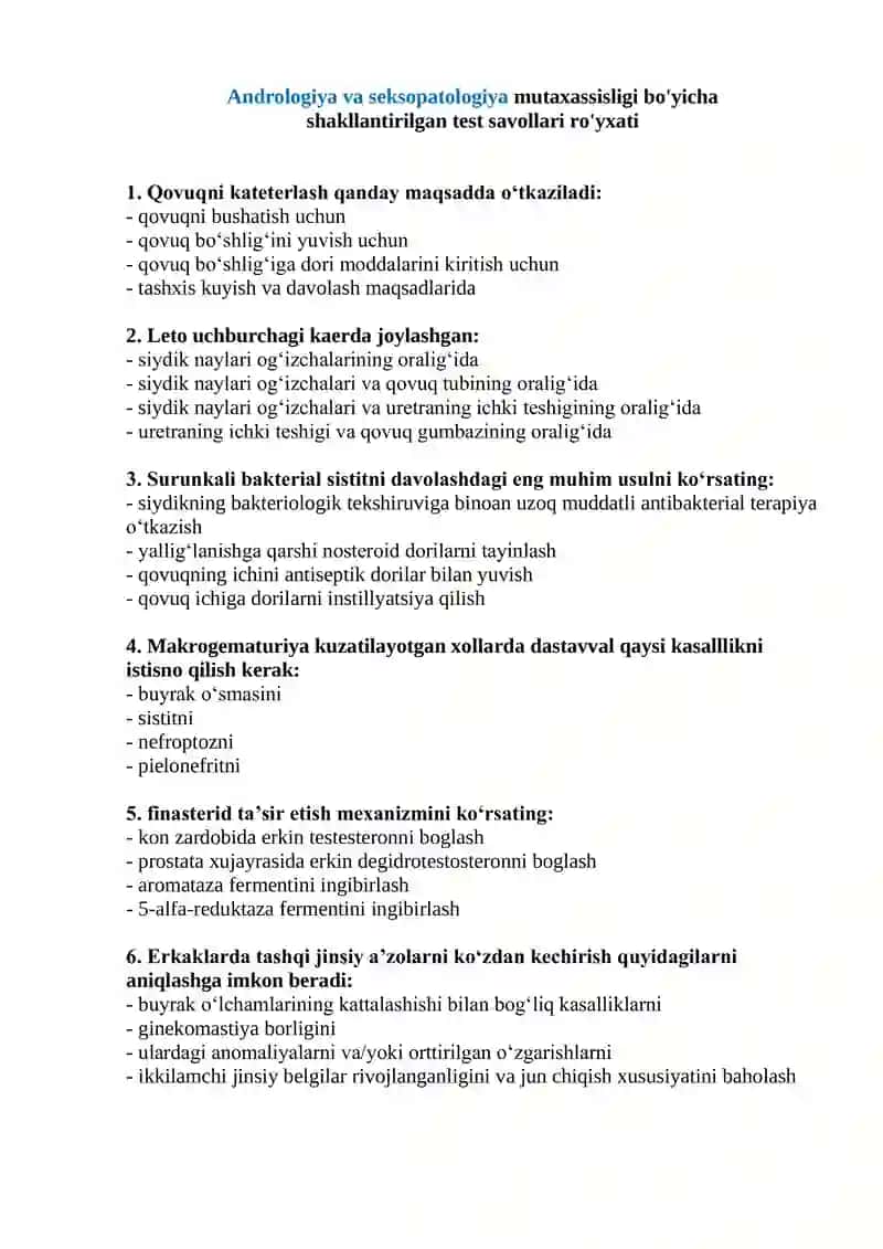 Andrologiya va seksopatologiya mutaxassisligi test savollari