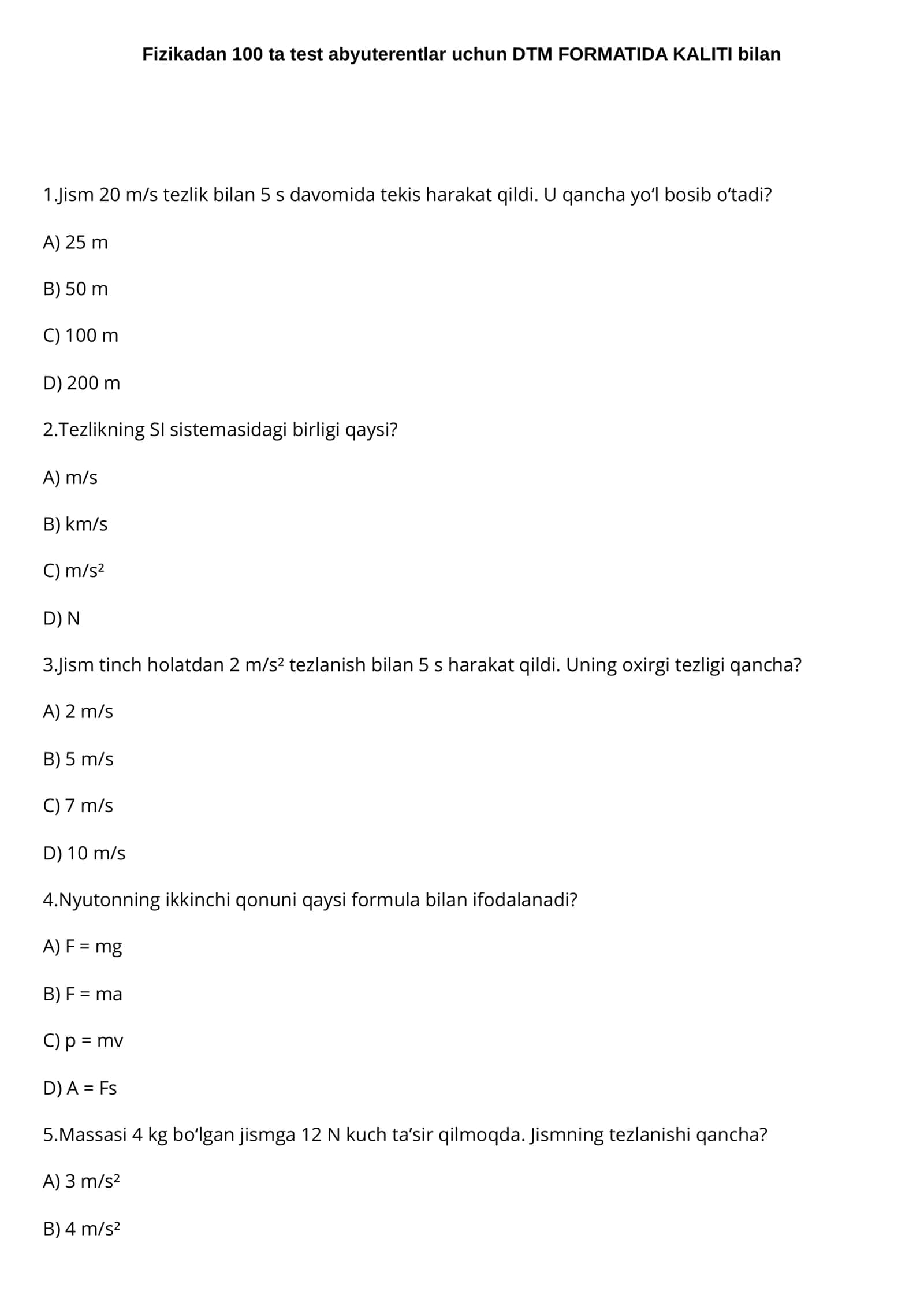 Fizikadan abyuterentlar uchun maxsus 100 masalalar to'plami 1