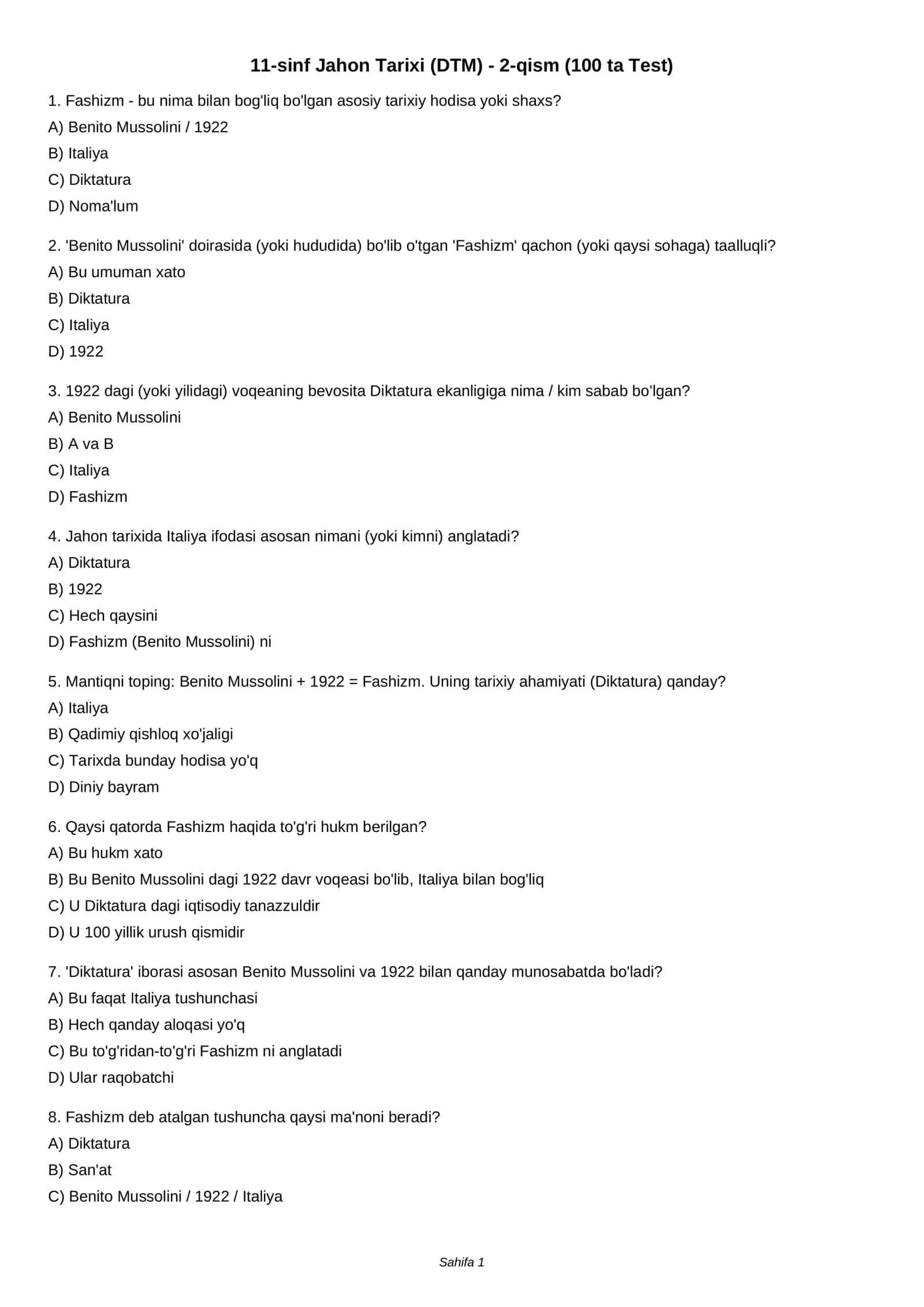 11-sinf Jahon Tarixi (DTM) - 2-qism (100 ta Test) 1