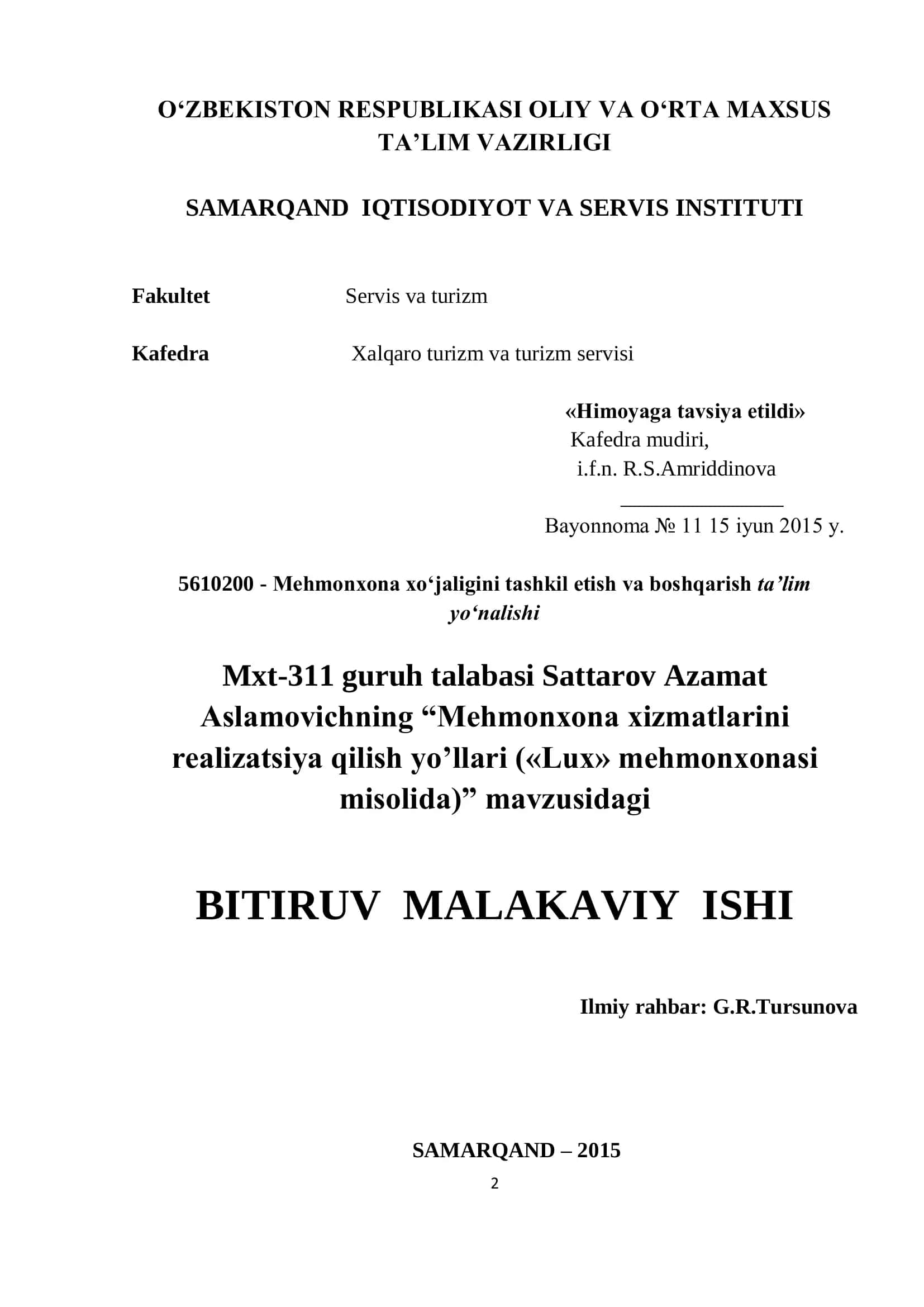Mehmonxona xizmatlarini realizatsiya qilish yo’llari («Lux» mehmonxonasi misolida) 1