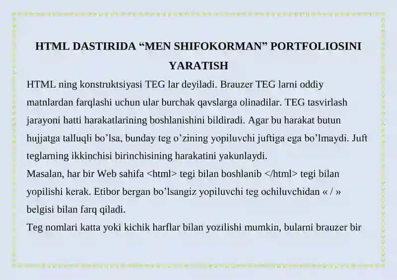 HTML DASTIRIDA “MEN SHIFOKORMAN” PORTFOLIOSINI YARATISH 1