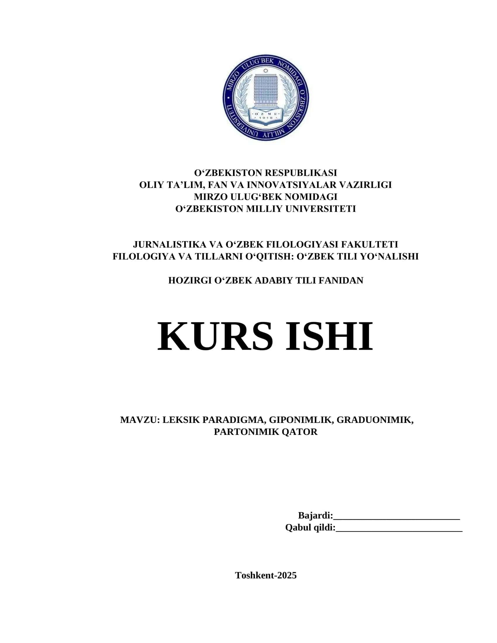 O‘ZBEKISTON MILLI UNIVERSITETI JURNALISTIKA VA O‘ZBEK FILOLOGIYASI FAKULTETI FILOLOGIYA VA TILLARNI O‘QITISH: O‘ZBEK TILI YO‘NALISHI 1