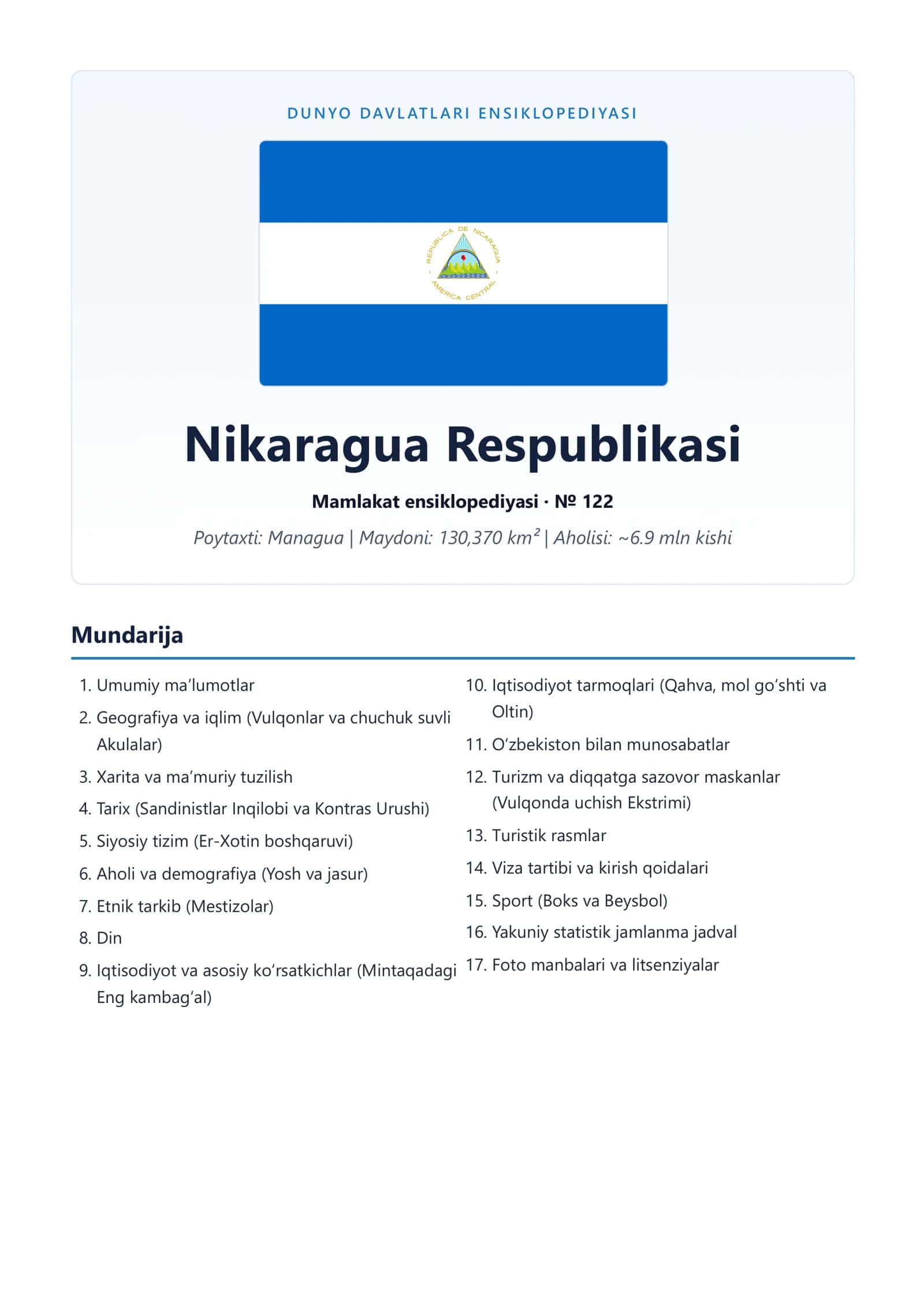 DUNYO DAVLATLARI ENSIKLOPEDIYASI Nikaragua Respublikasi 1