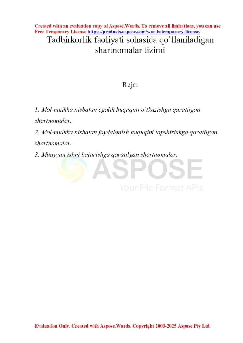 Tadbirkorlik faoliyati sohasida qo`llaniladigan shartnomalar tizimi 1