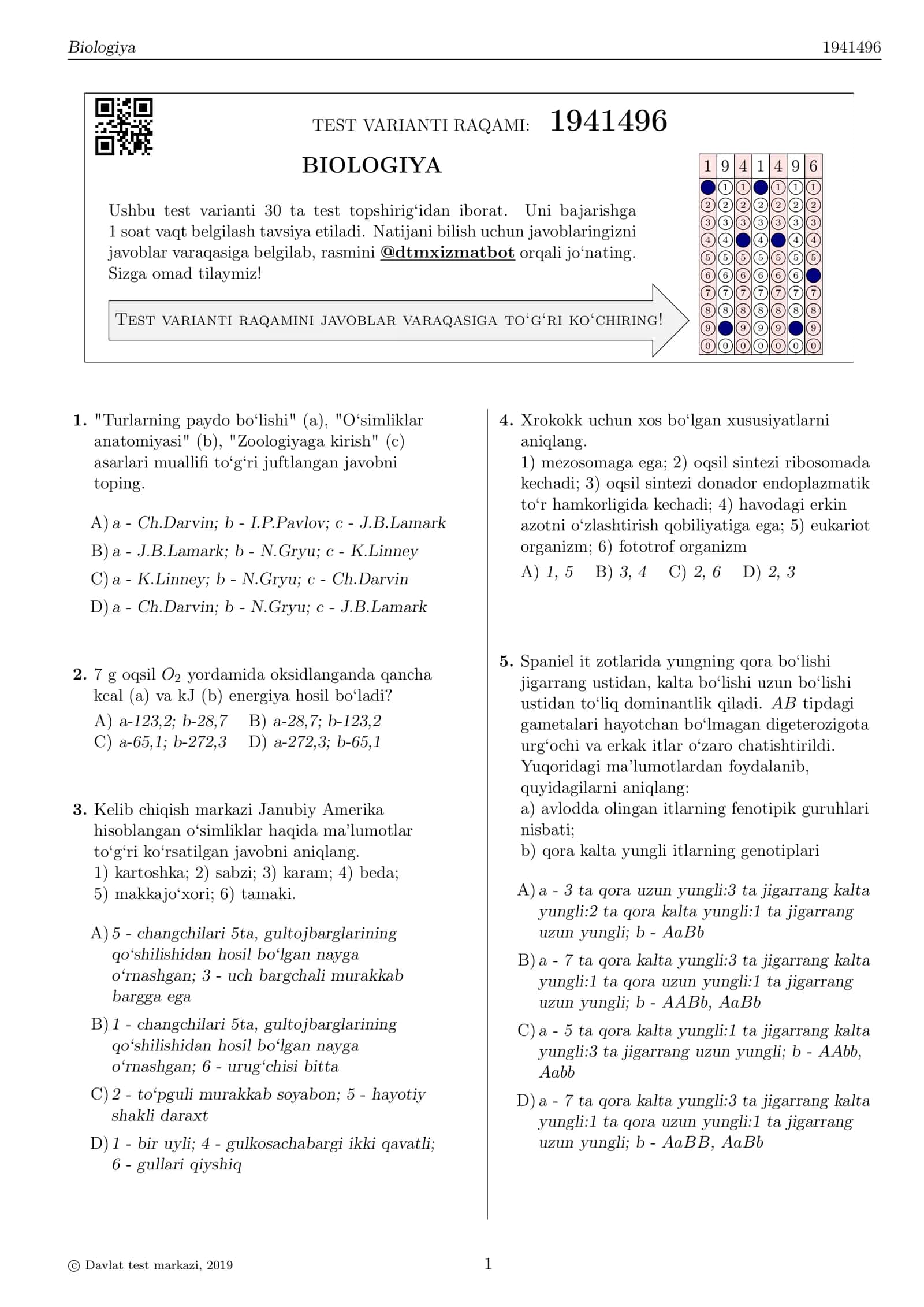 BIOLOGIYA TESTI 1