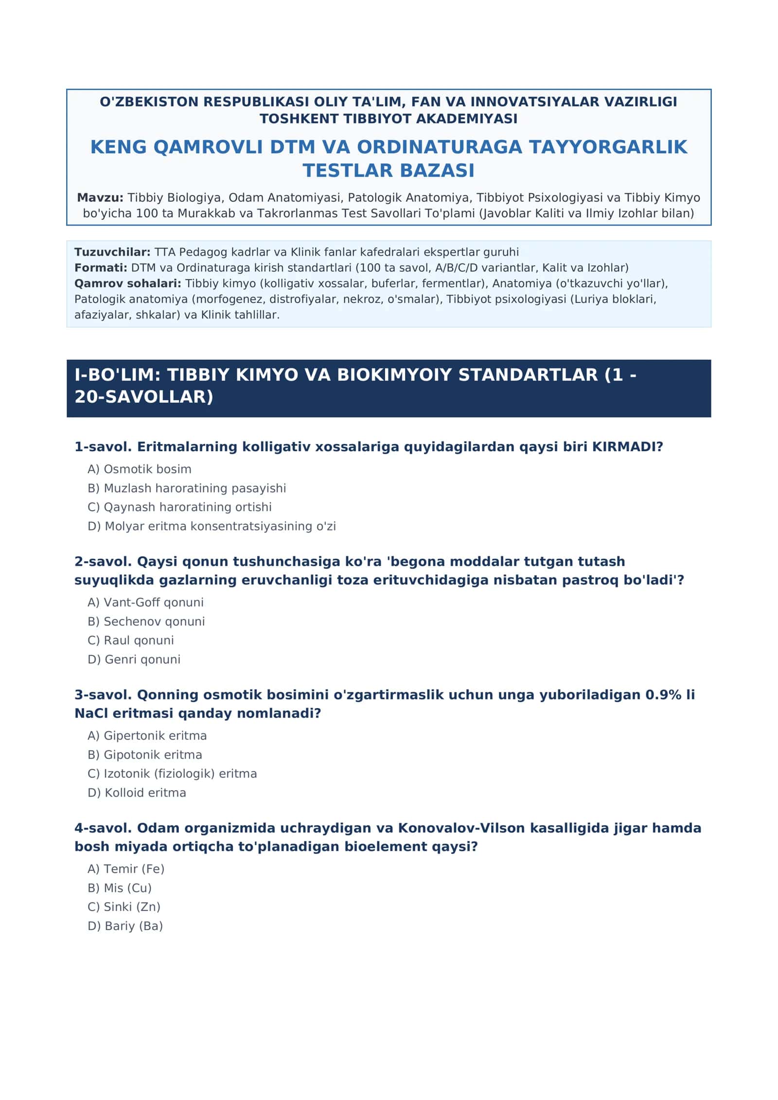 Tibbiy Biologiya, Odam Anatomiyasi, Patologik Anatomiya, Tibbiyot Psixologiyasi va Tibbiy Kimyo 1