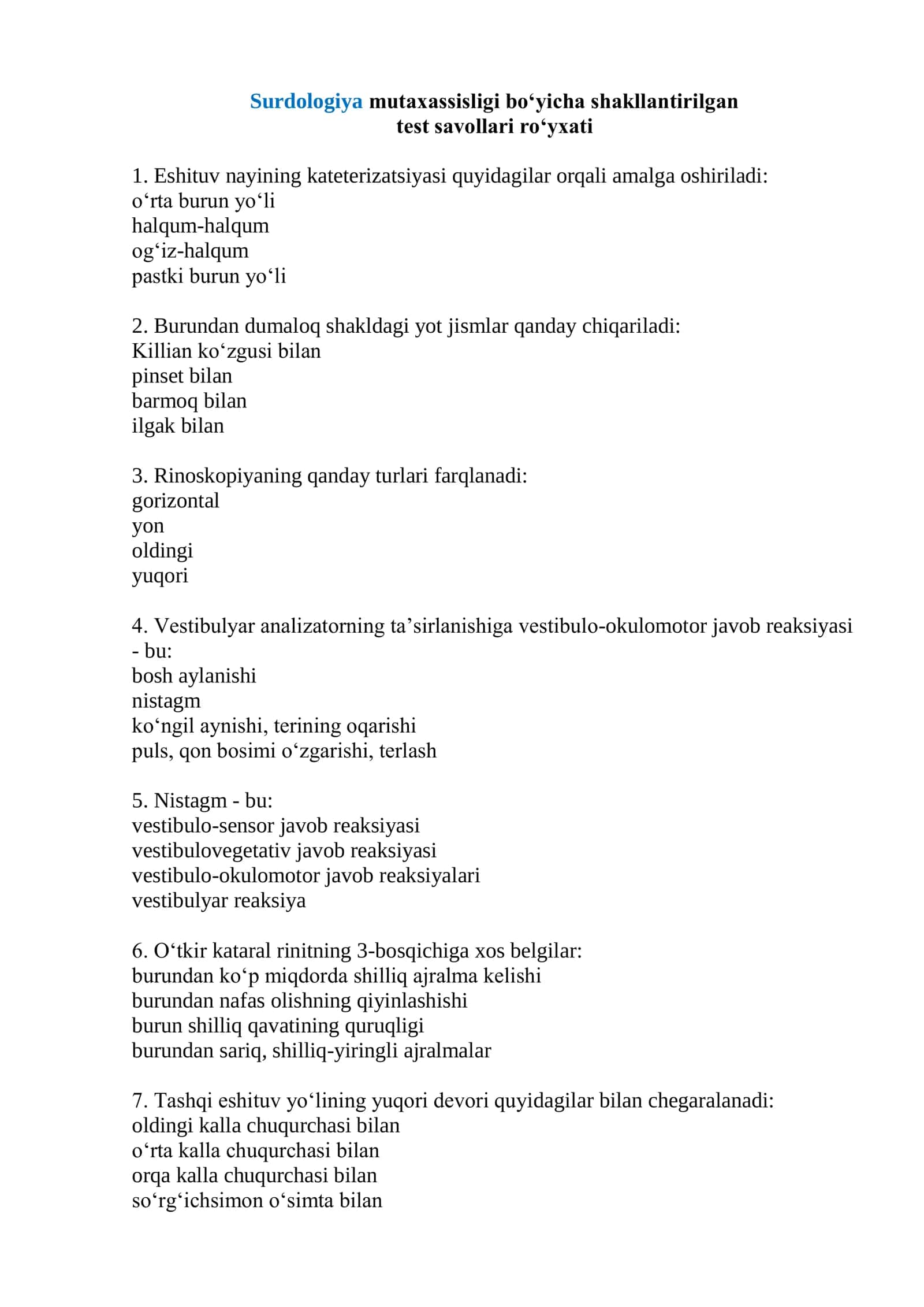 Surdologiya mutaxassisligi boʻyicha shakllantirilgan test savollari roʻyxati 2026 1