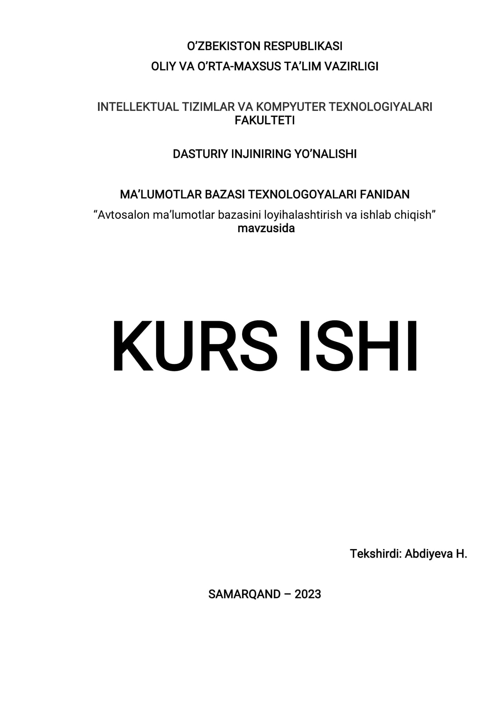 Avtosalon ma’lumotlar bazasini loyihalashtirish va ishlab chiqish 1