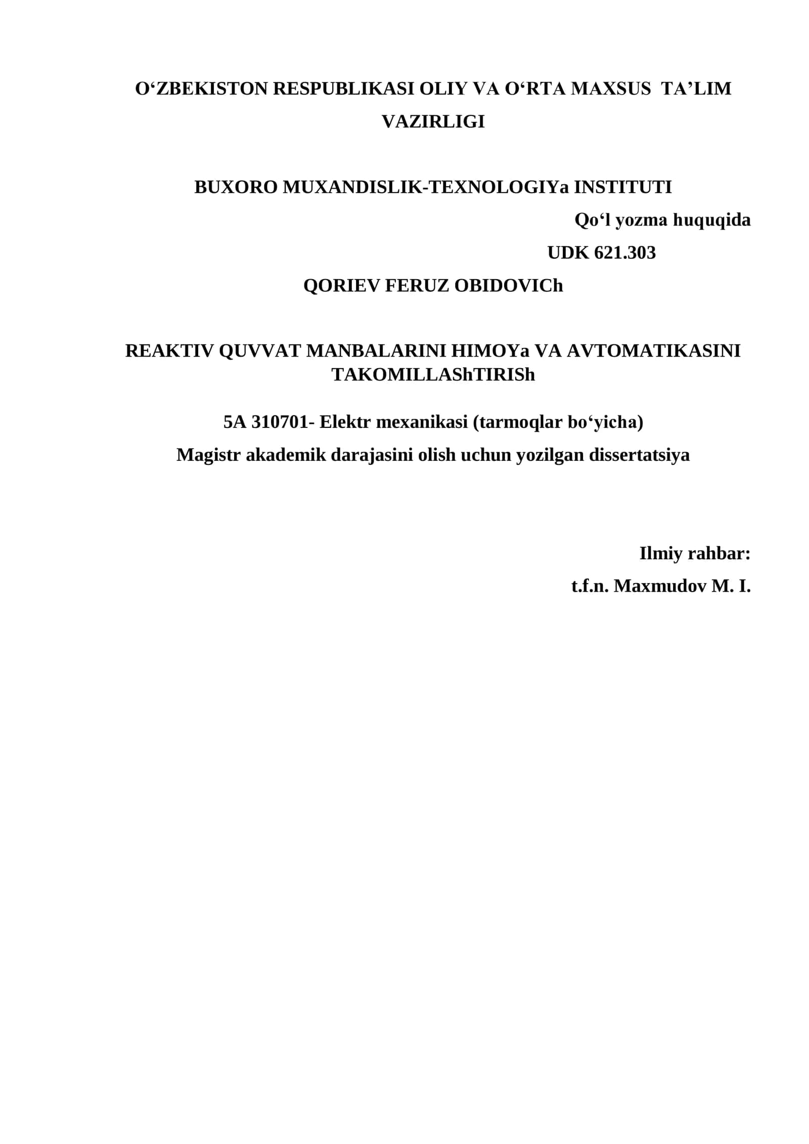 REAKTIV QUVVAT MANBALARINI HIMOYa VA AVTOMATIKASINI TAKOMILLAShTIRISh 1