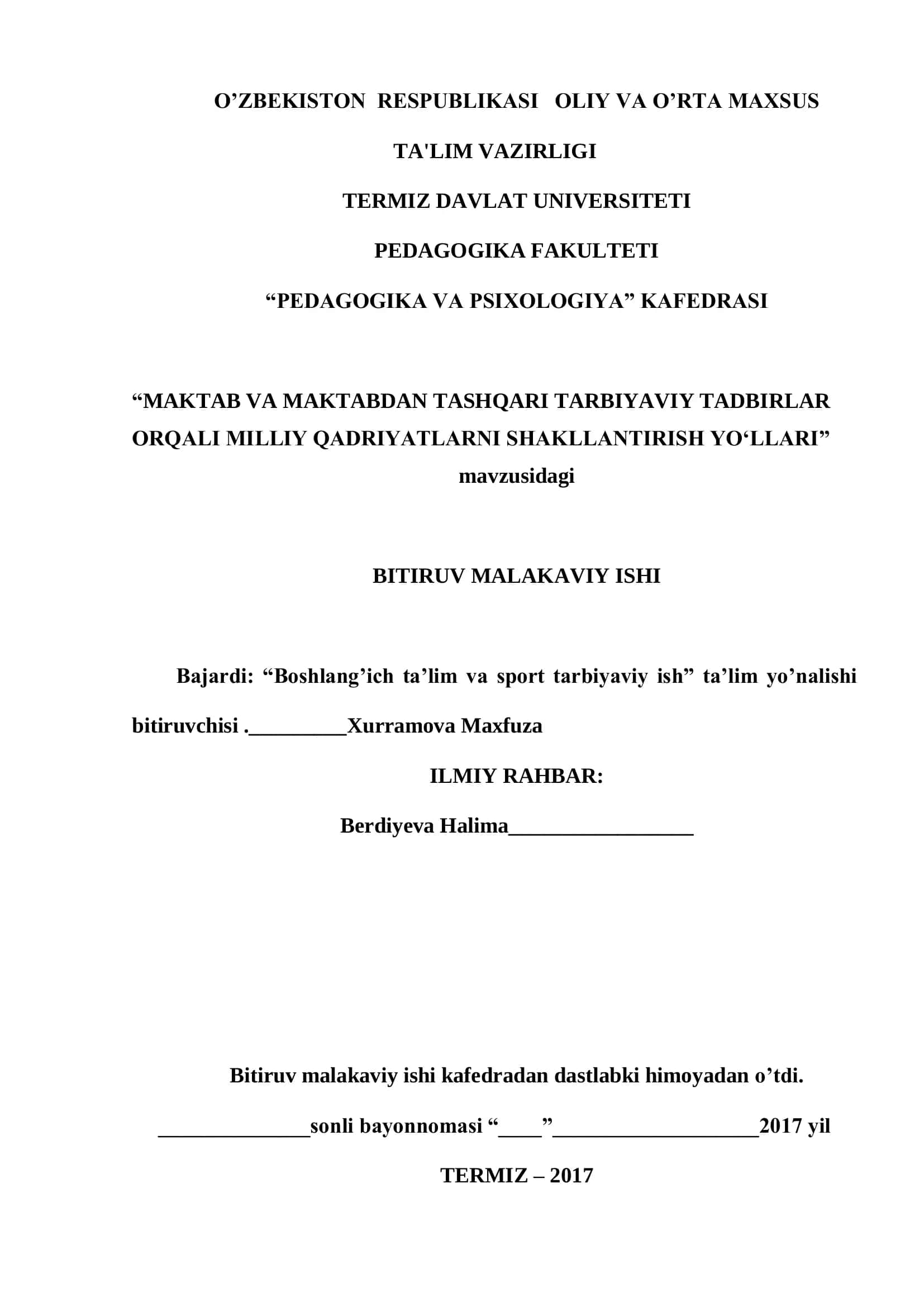 MAKTAB VA MAKTABDAN TASHQARI TARBIYAVIY TADBIRLAR ORQALI MILLIY QADRIYATLARNI SHAKLLANTIRISH YO‘LLARI 1