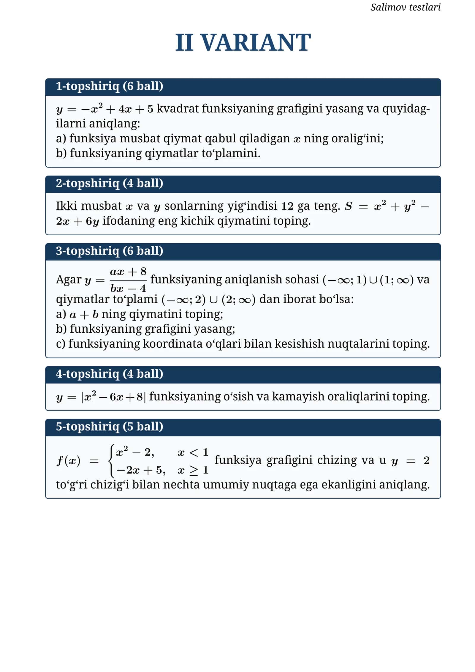 Matematika testlari 1