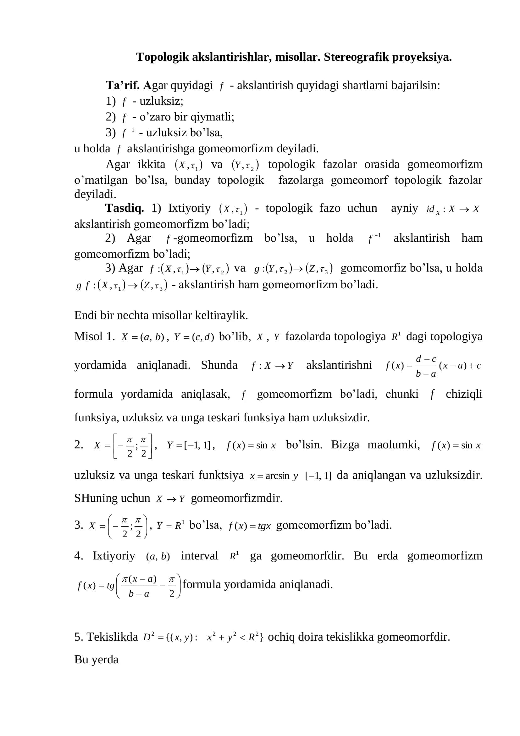 Topologik akslantirishlar, misollar. Stereografik proyeksiya 1