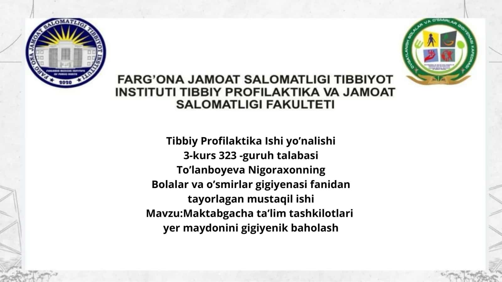 Maktabgacha talim tashkilotlarini yer maydonini gigiyenik baxolash 1