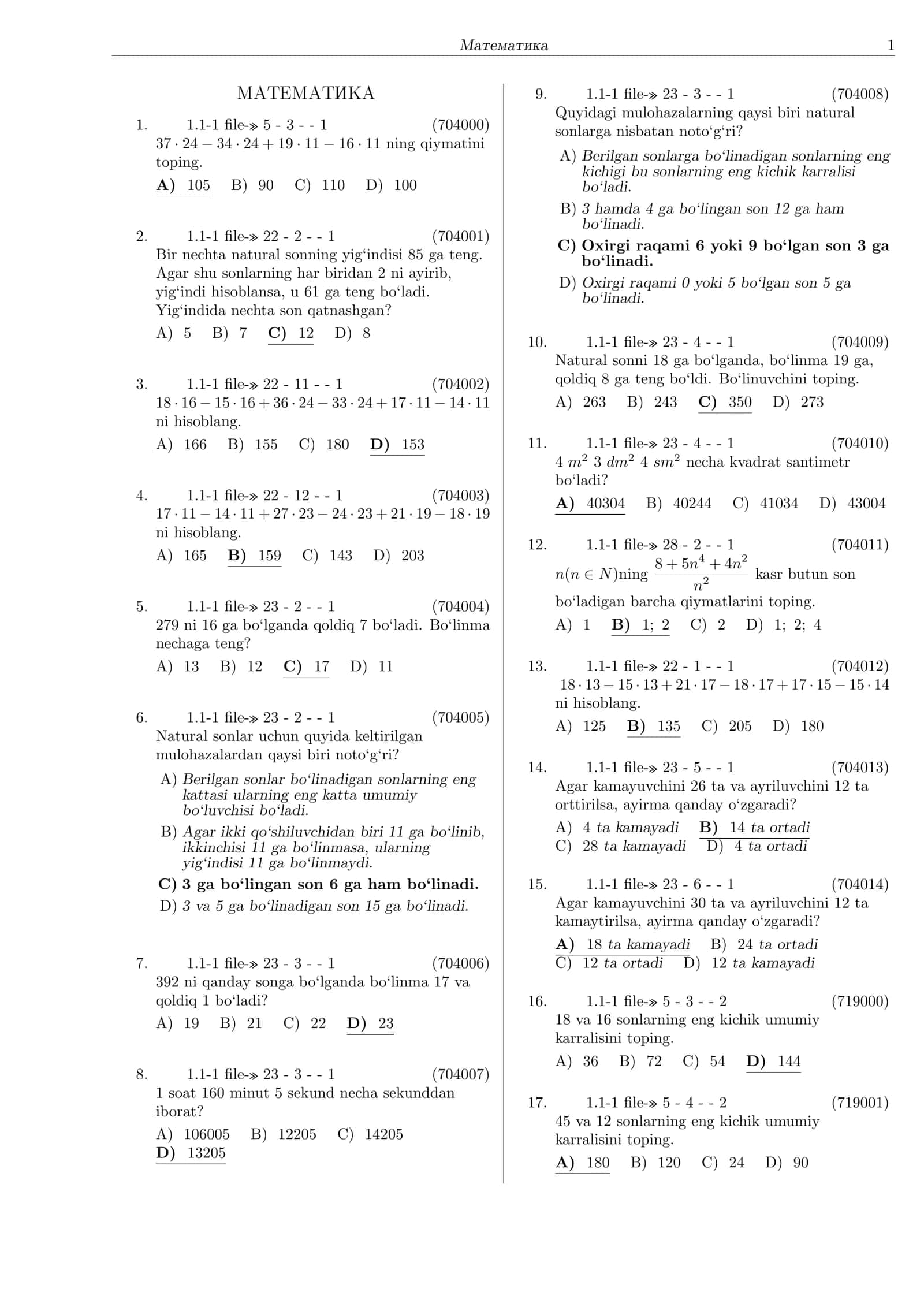 MATEMATIKA TESTLAR toʻplami 1