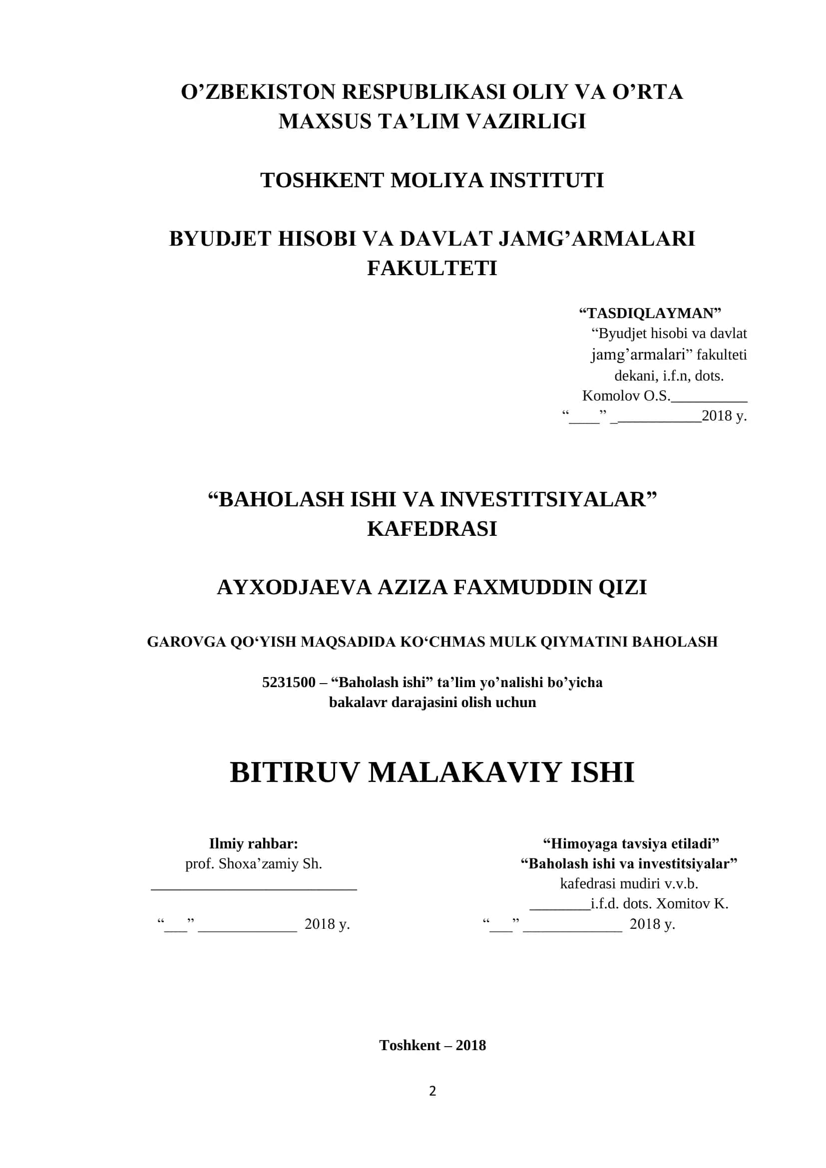 Baholash ishi va investitsiyalar 1