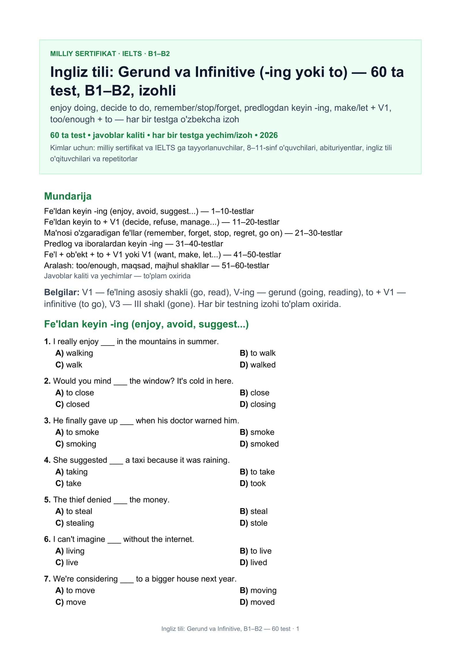 Ingliz tili: Gerund va Infinitive, B1–B2 1