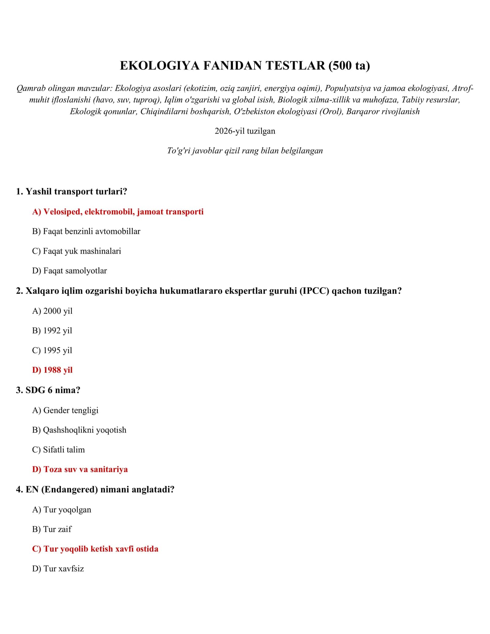 EKOLOGIYA FANIDAN TESTLAR (500 ta) 1