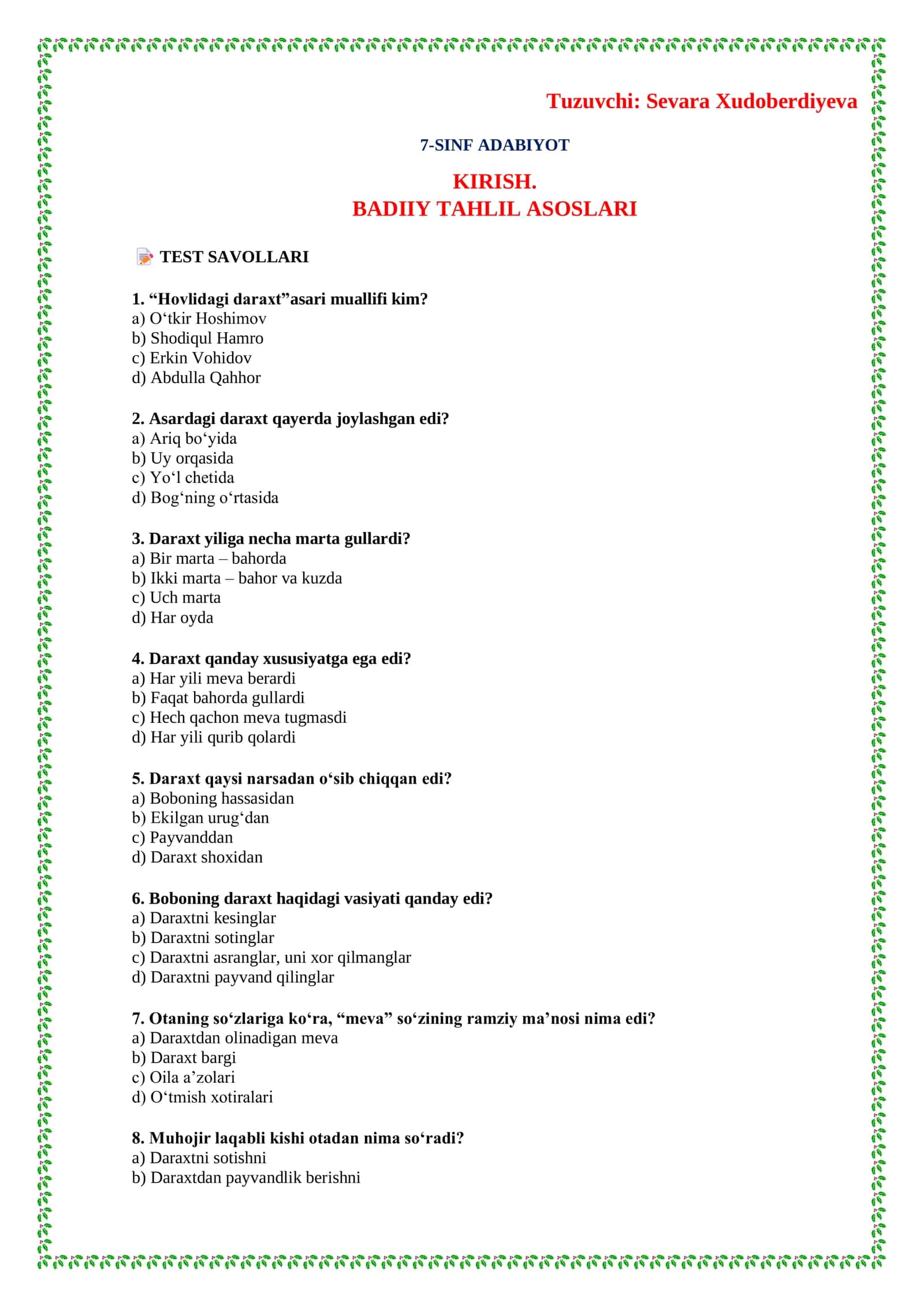 7-SINF ADABIYOT KIRISH. BADIY TAHLIL ASOSLARI TEST SAVOLLARI 1