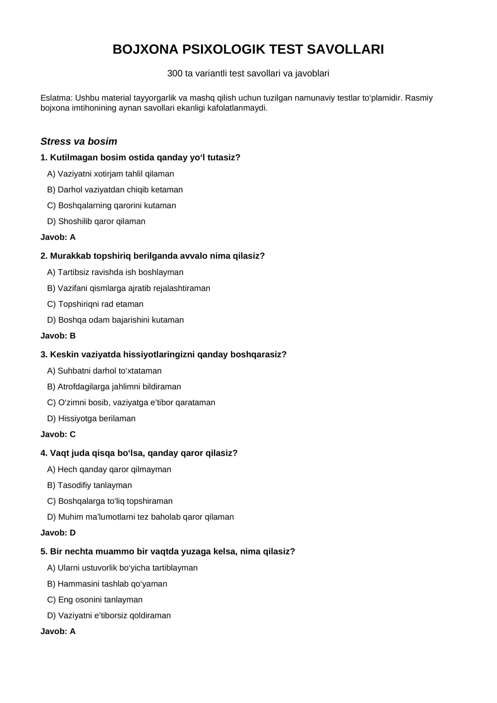 Bojxona psixologik test savollari — 300 ta test va javoblari 1