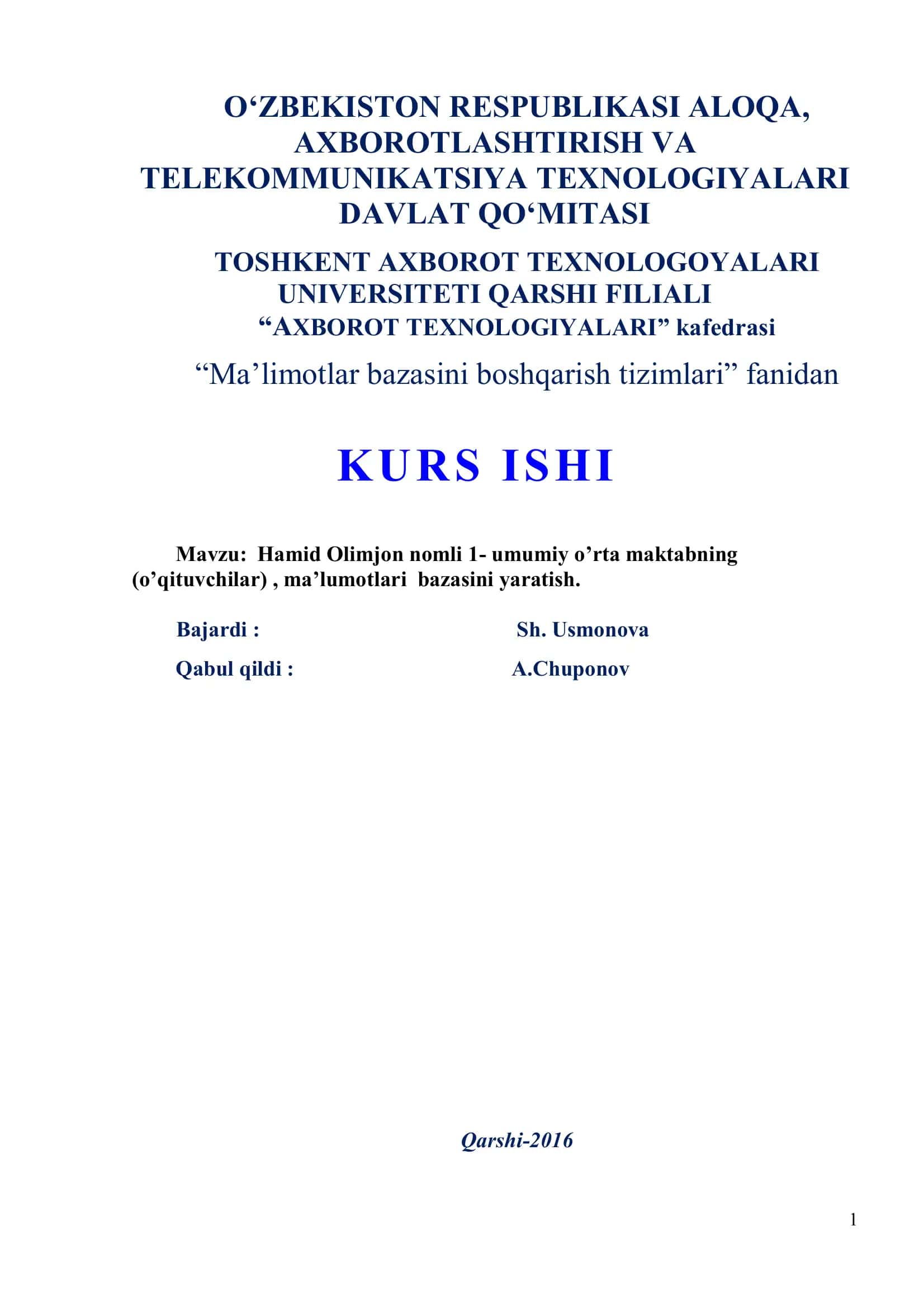 Hamid Olimjon nomli 1-umumiy o’rta maktab ma’lumotlar bazasi yaratish 1