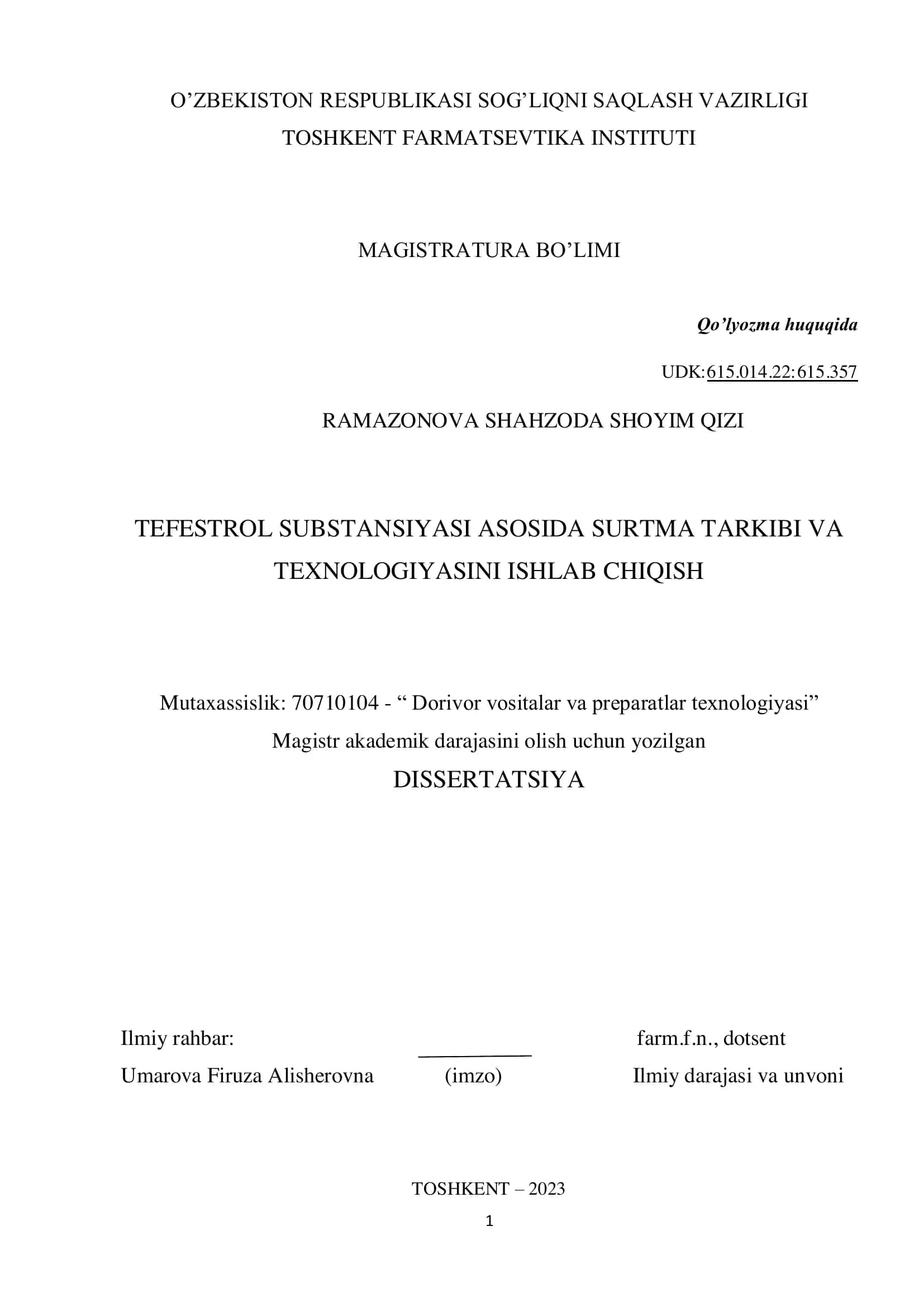 Tefestrol Substansiyasi Asosida Surtma Tarkibi va Texnologiyasini Ishlab Chiqish 1