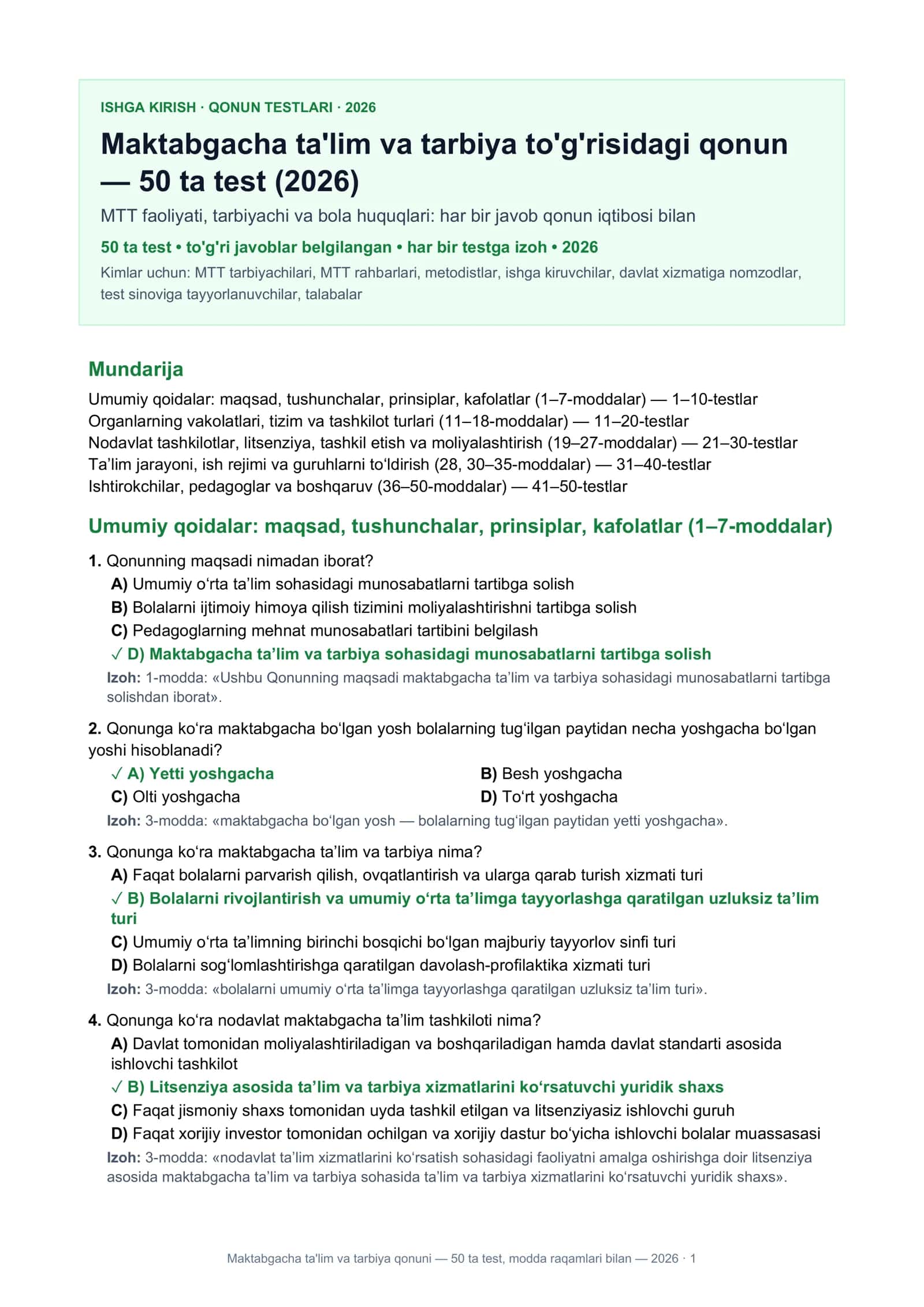 Maktabgacha ta'lim va tarbiya qonuni — 50 ta test 1