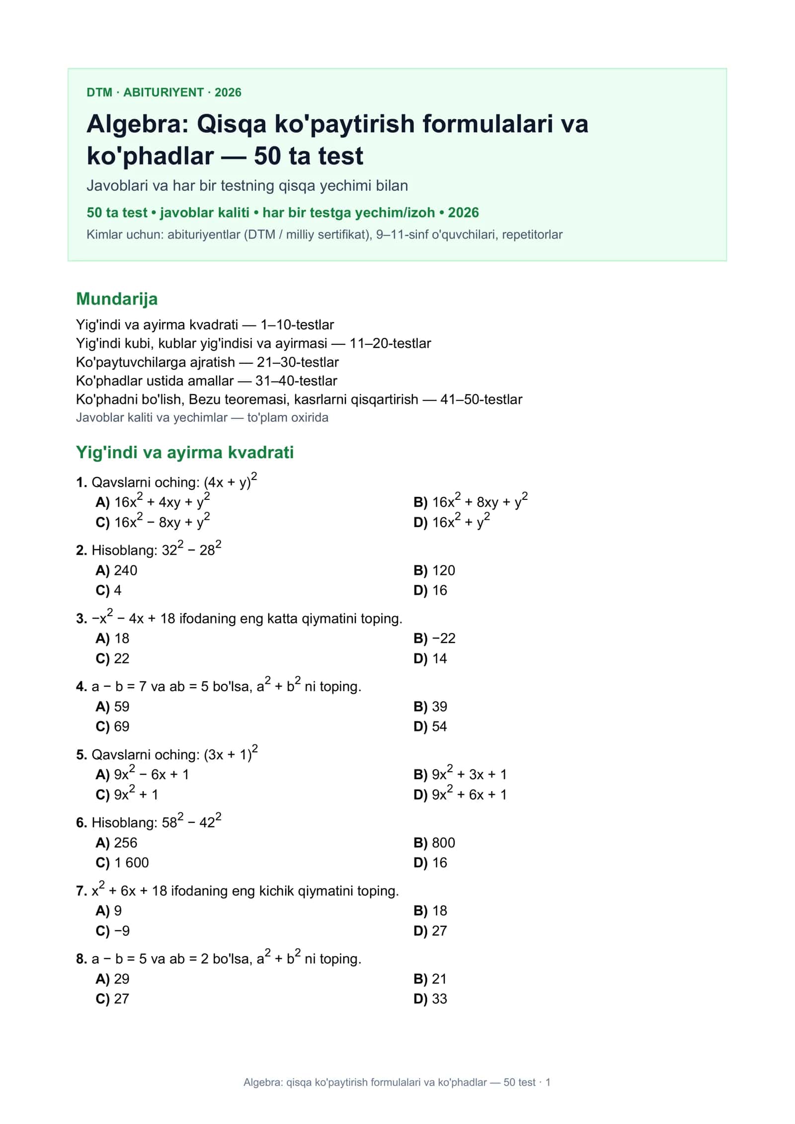 Algebra: Qisqa ko'paytirish formulalari va ko'phadlar 1
