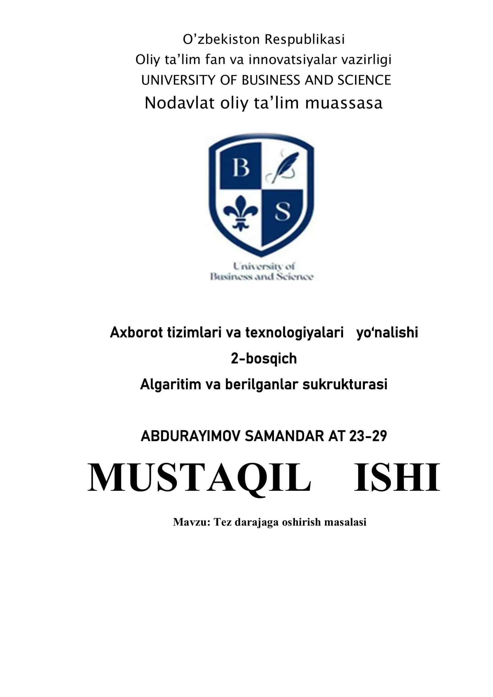 Tez darajaga oshirish masalasi 1