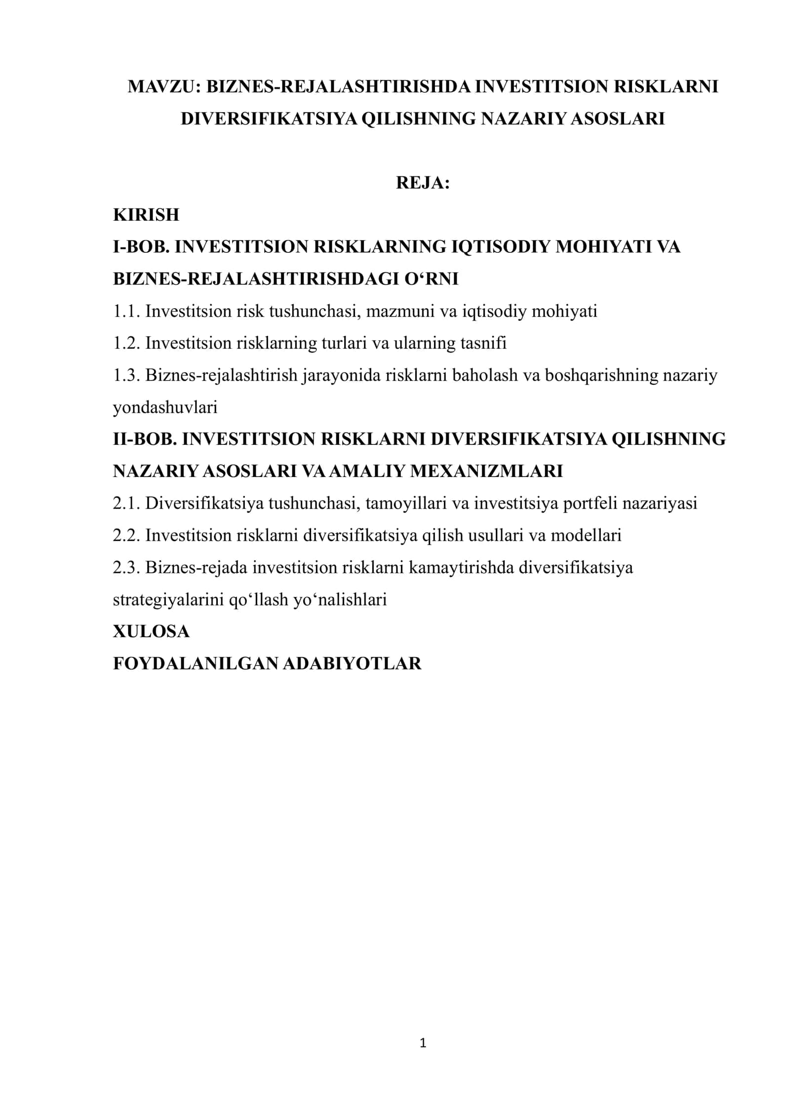 BIZNES-REJALASHTIRISHDA INVESTITSION RISKLARNI DIVERSIFIKATSIYA QILISHNING NAZARIY ASOSLARI 1
