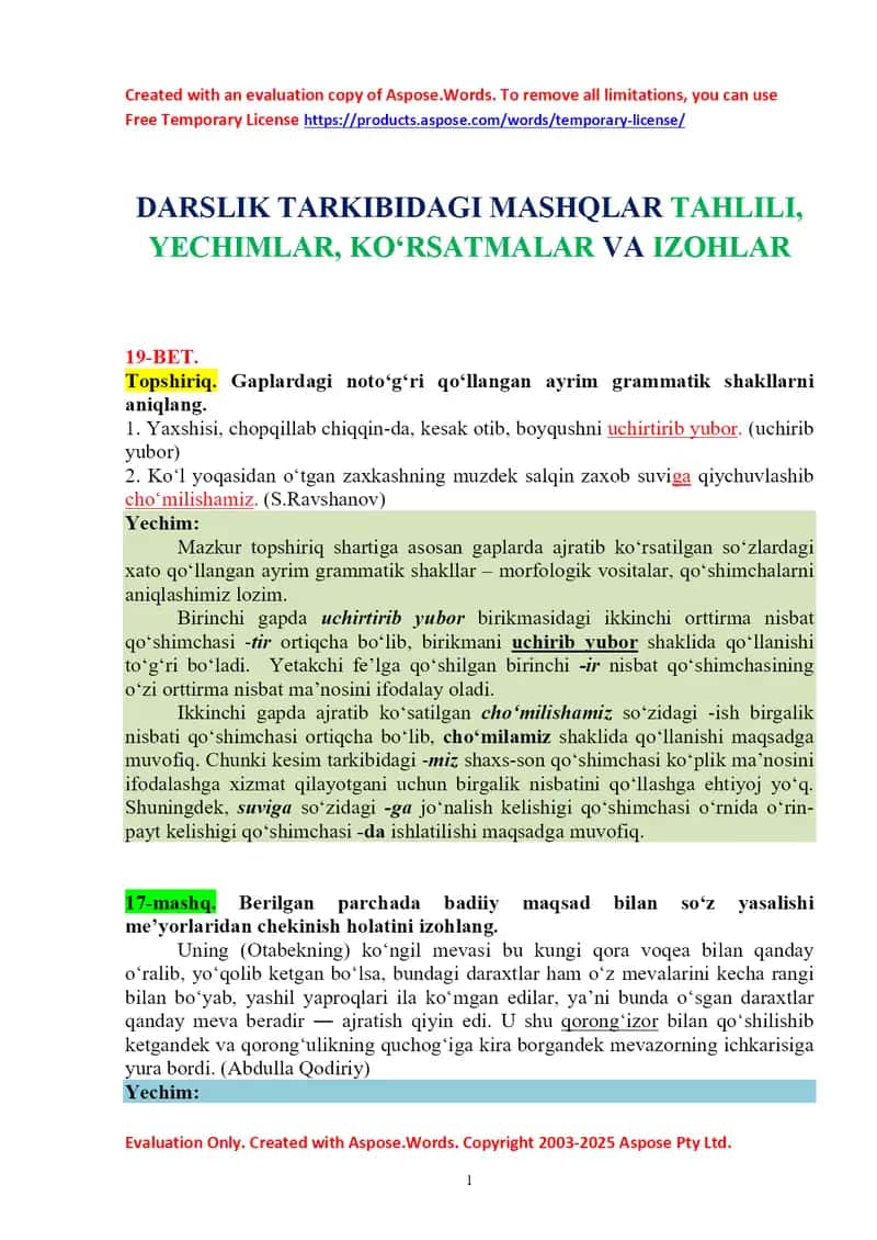 DARSLIK TARKIBIDAGI MASHQLAR TAHLILI, YECHIMLAR, KO‘RSATMALAR VA IZOHLAR 1