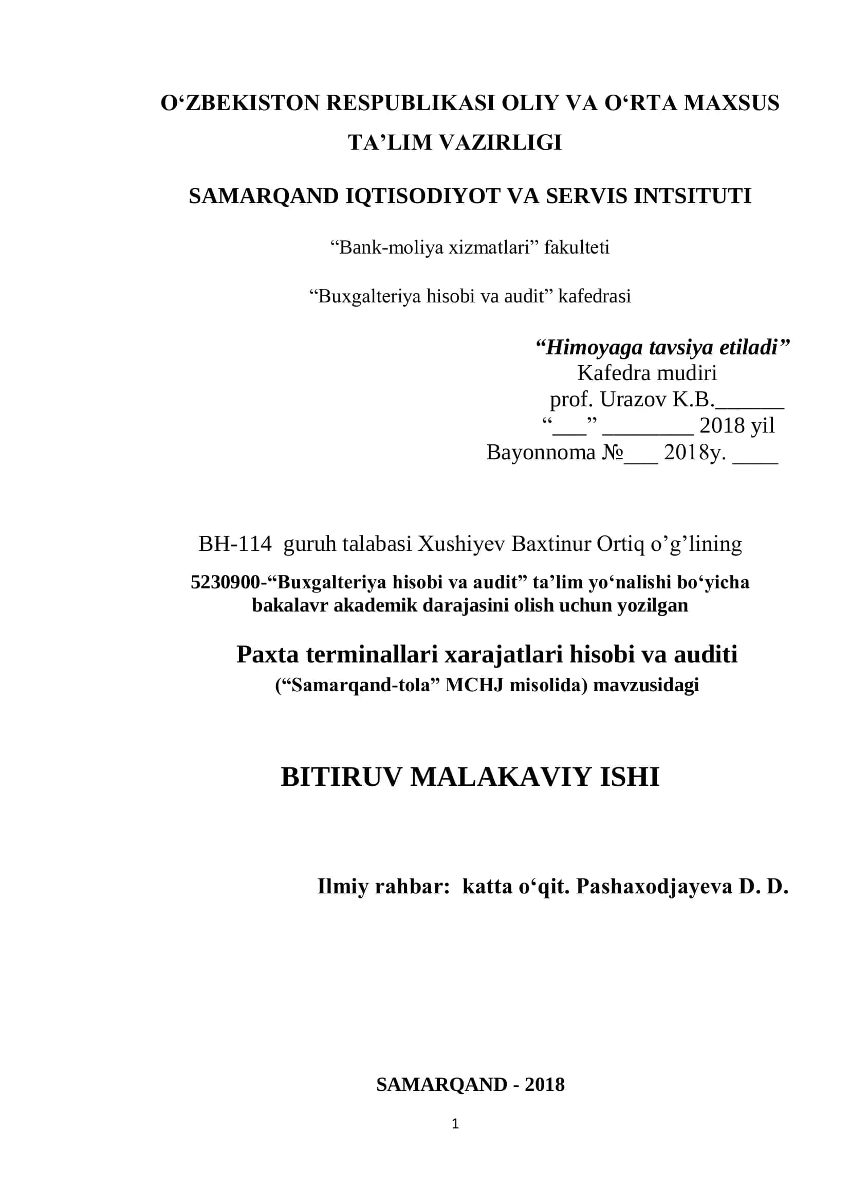 Paxta terminallari xarajatlari hisobi va auditi 1