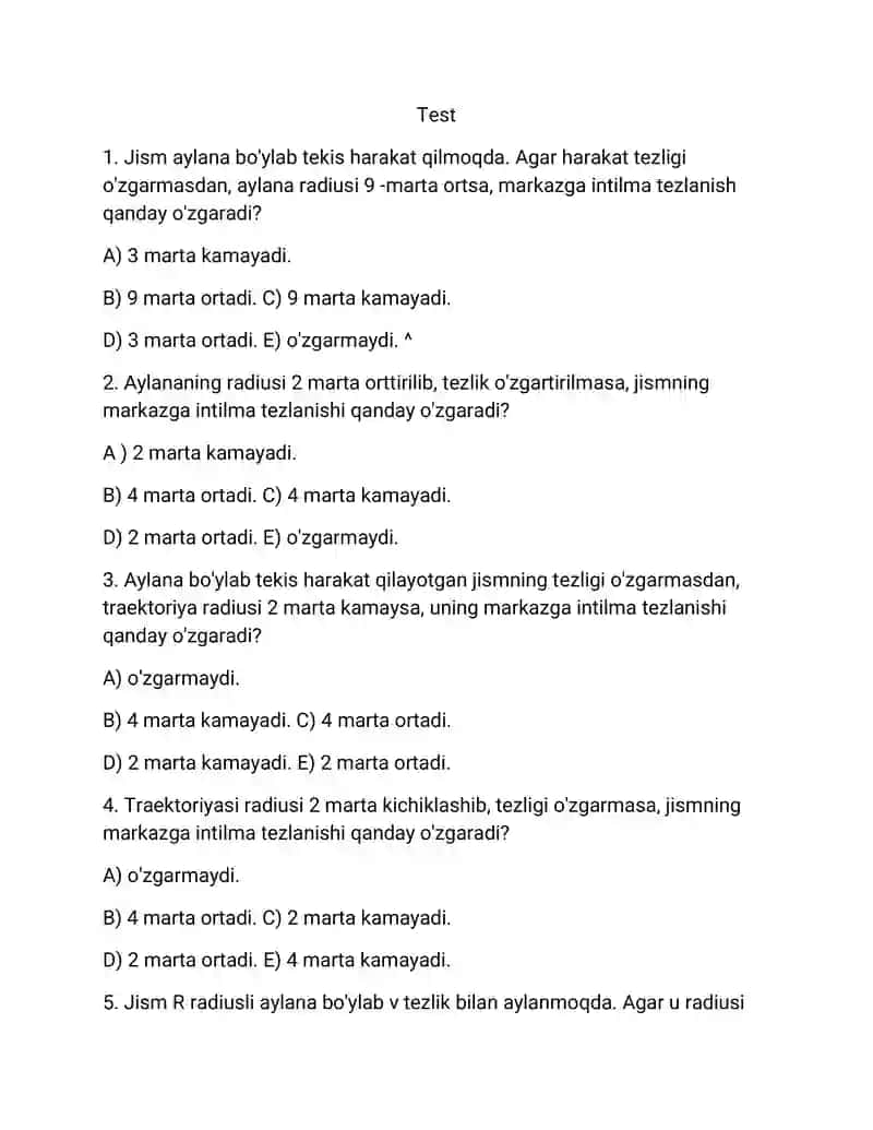 Fizikadan testlar 1