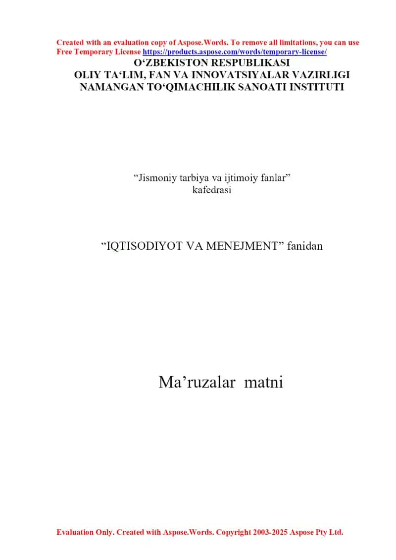 Iqtisodiyot va menejment fanidan ma’ruzalar matni 1