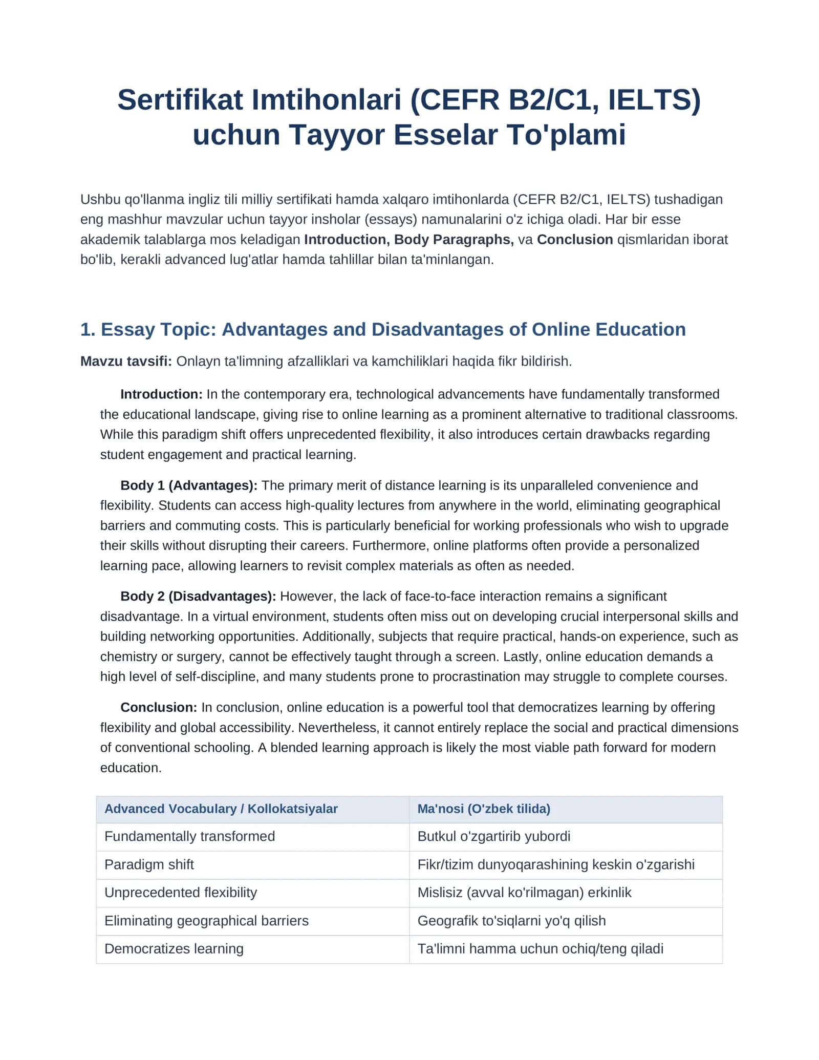Tayyor esselar to'plami (Sertifikat Imtihonlari (CEFR B2/C1, IELTS) uchun) 1