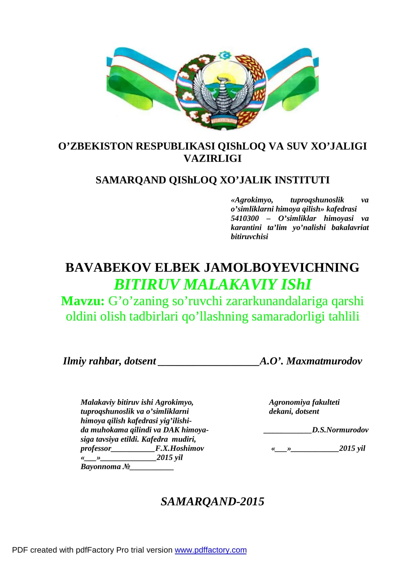 O’simliklar himoyasi va karantini ta’lim yo’nalishi bakalavriat bitiruvchisi 1