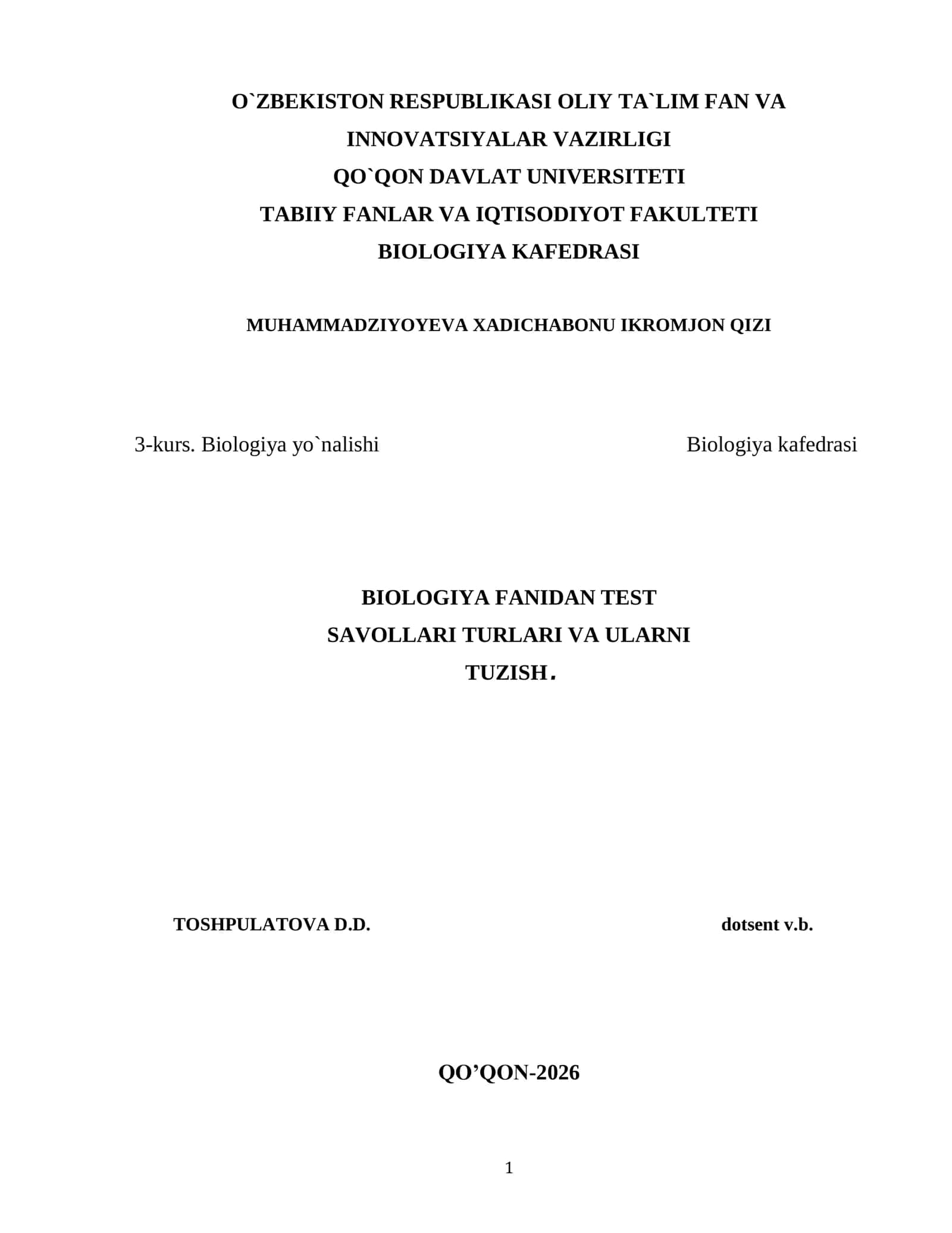 BIOLOGIYA FANIDAN TEST SAVOLLARI TURLARI VA ULARNI TUZISH 1