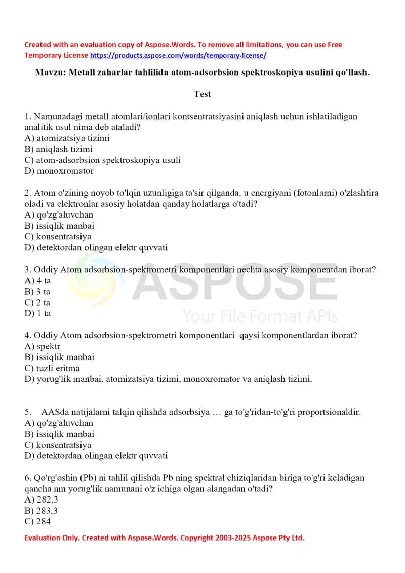 11. Metall zaharlar tahlilida atom-adsorbsion spektroskopiya usulini qo'llash. Test 10 ta 1