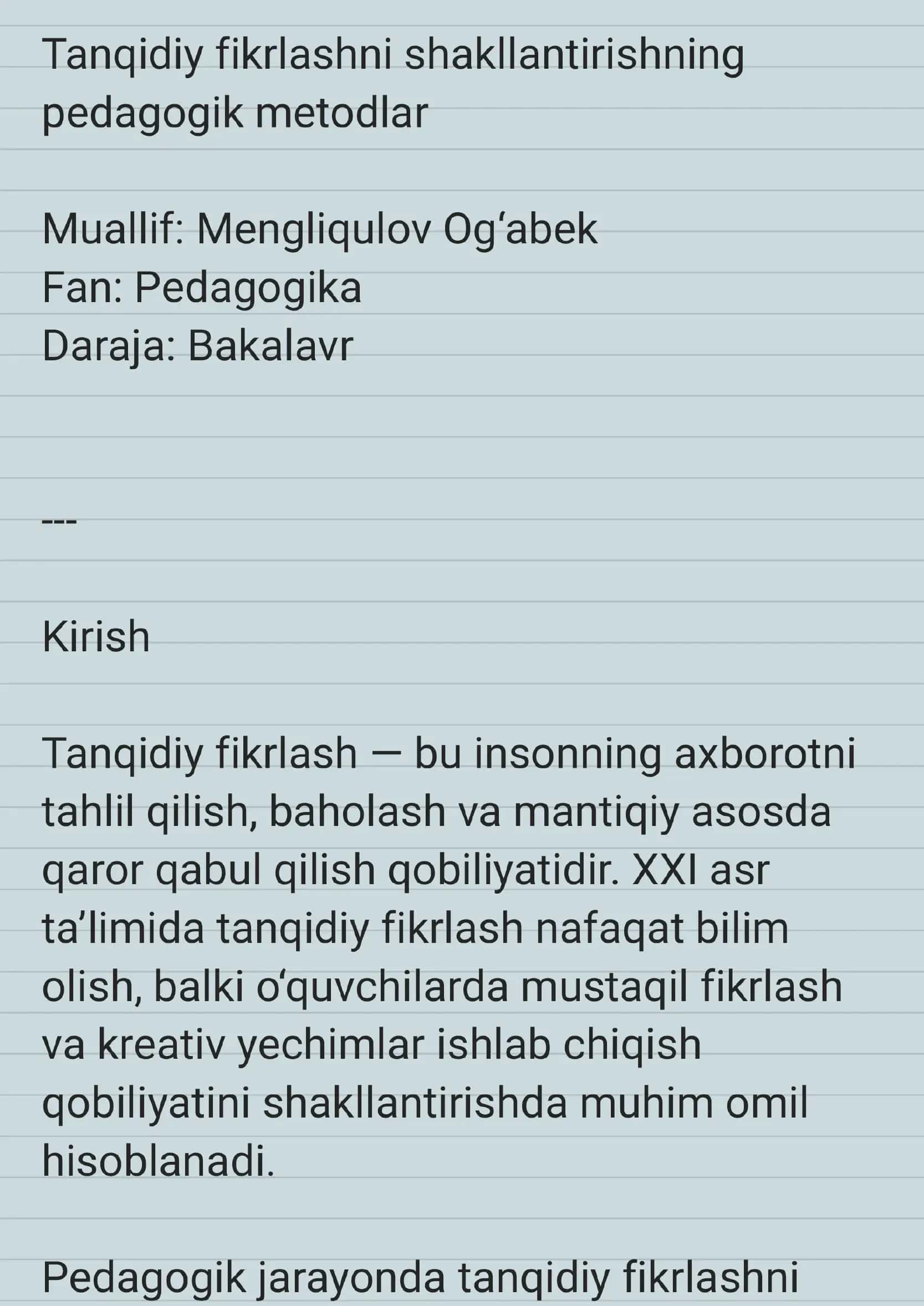Tanqidiy fikrlashni shakllantirishning pedagogik metodlar 1