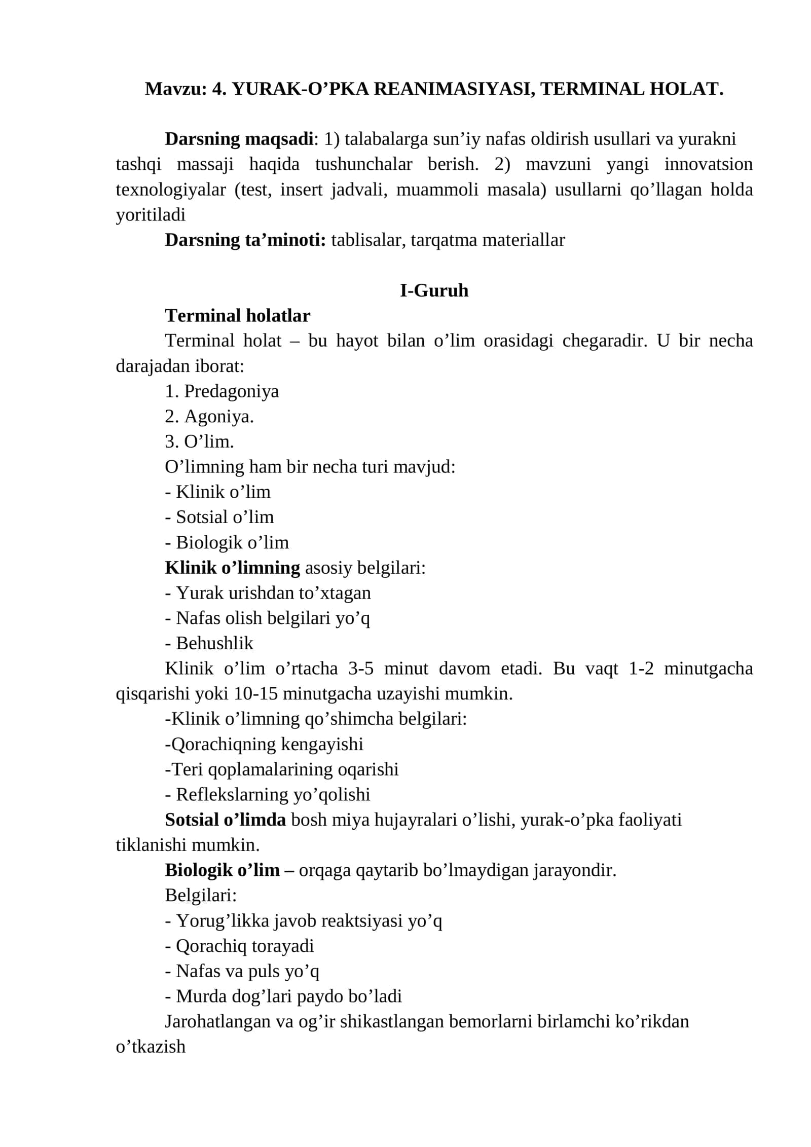 4. YURAK-O’PKA REANIMASIYASI, TERMINAL HOLAT 1