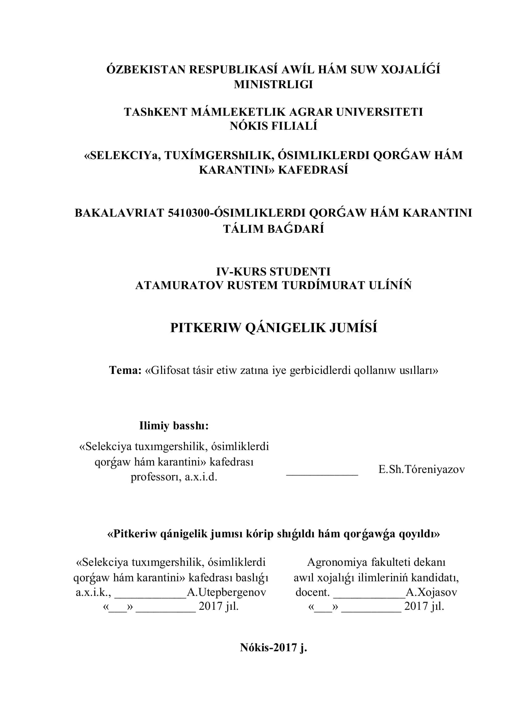 BAKALAVRIAT 5410300-ÓSIMLIKLERDI QORǴAW HÁM KARANTINI TÁLIM BAǴDARÍ 1