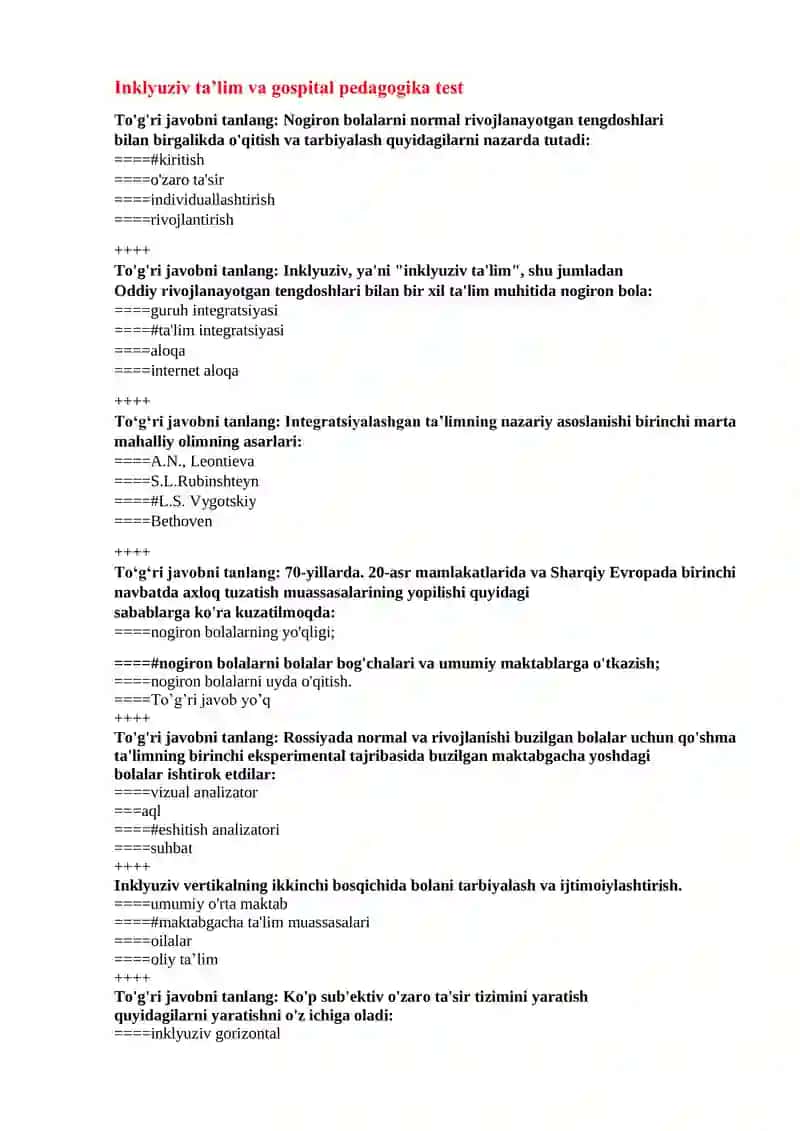 Inklyuziv ta‟lim va gospital pedagogika test