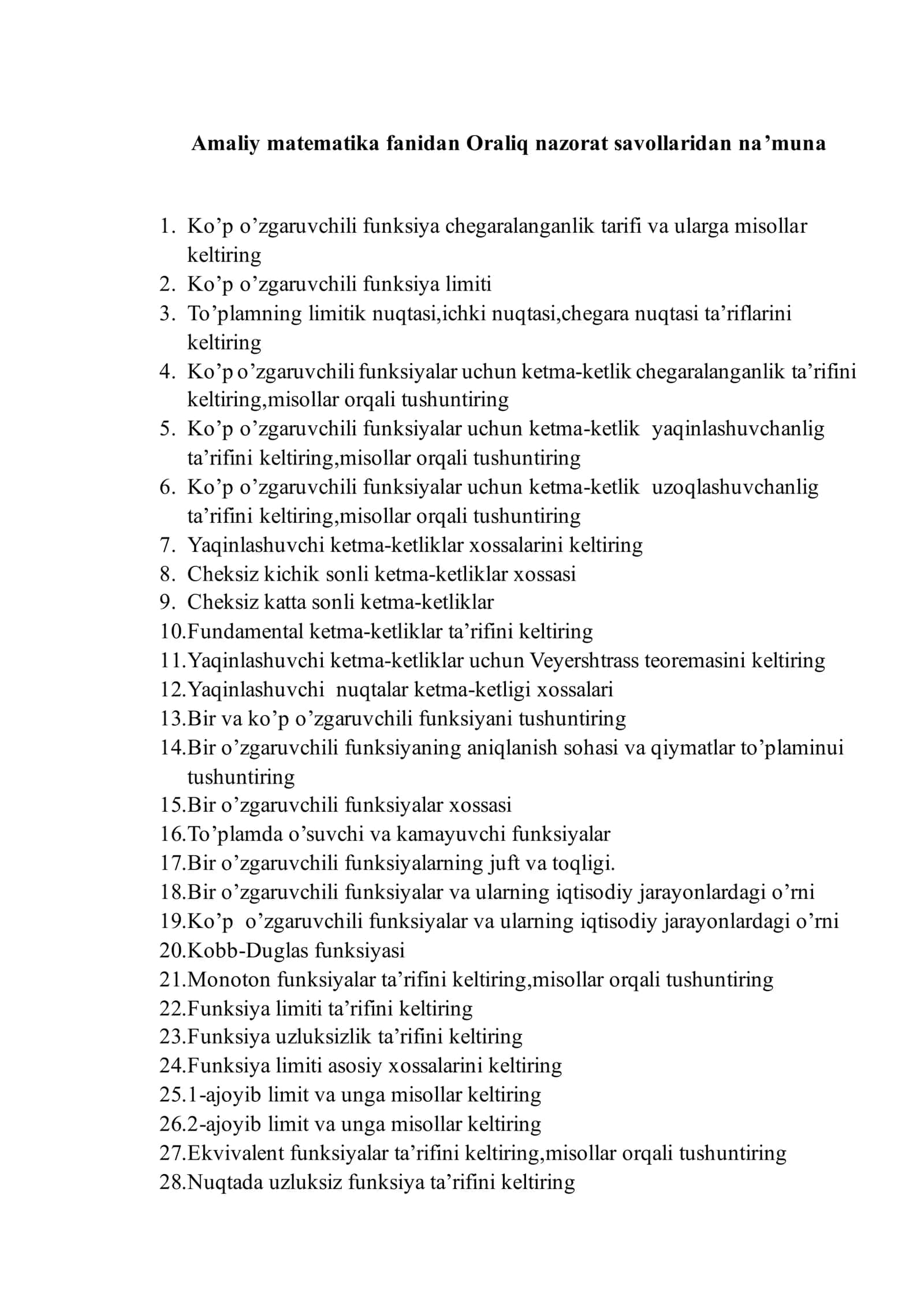 Amaliy matematika fanidan Oraliq nazorat savollaridan na’muna 1