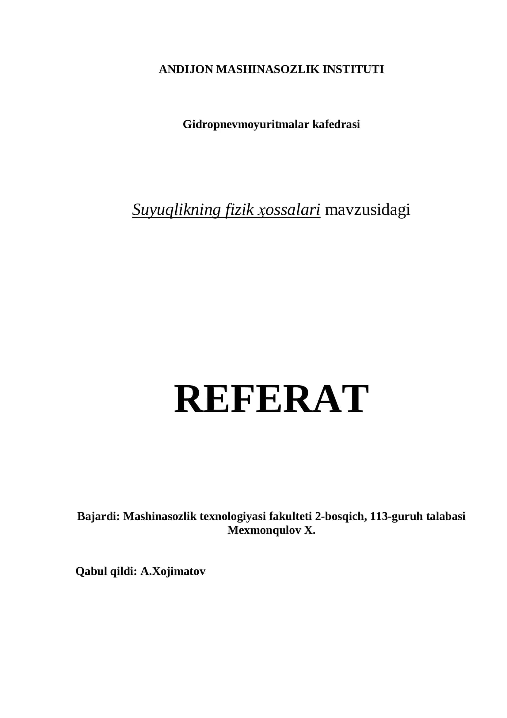 Gidropnevmoyuritmalar kafedrasi Referat 1